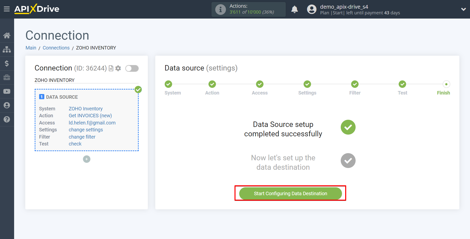 How to Connect Zoho Inventory as Data Source | Go to the setup Data Destination