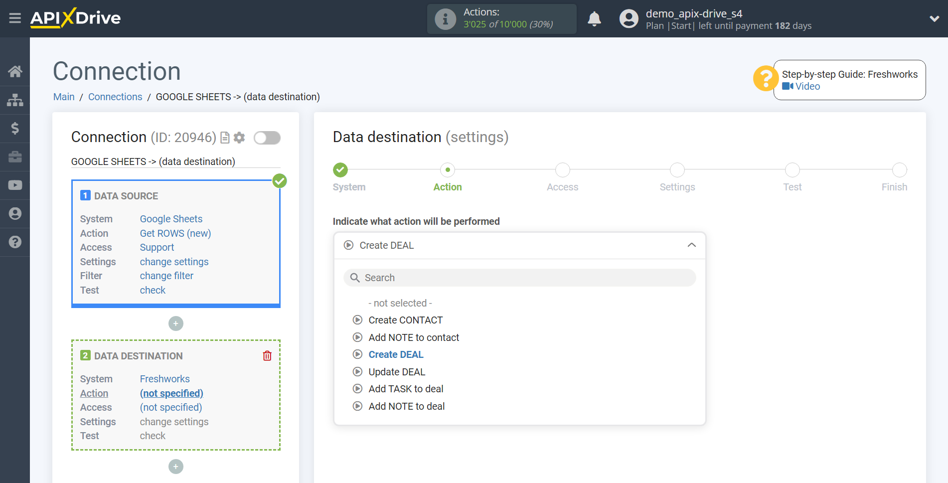 How to Connect Freshworks as Data Destination | Action selection