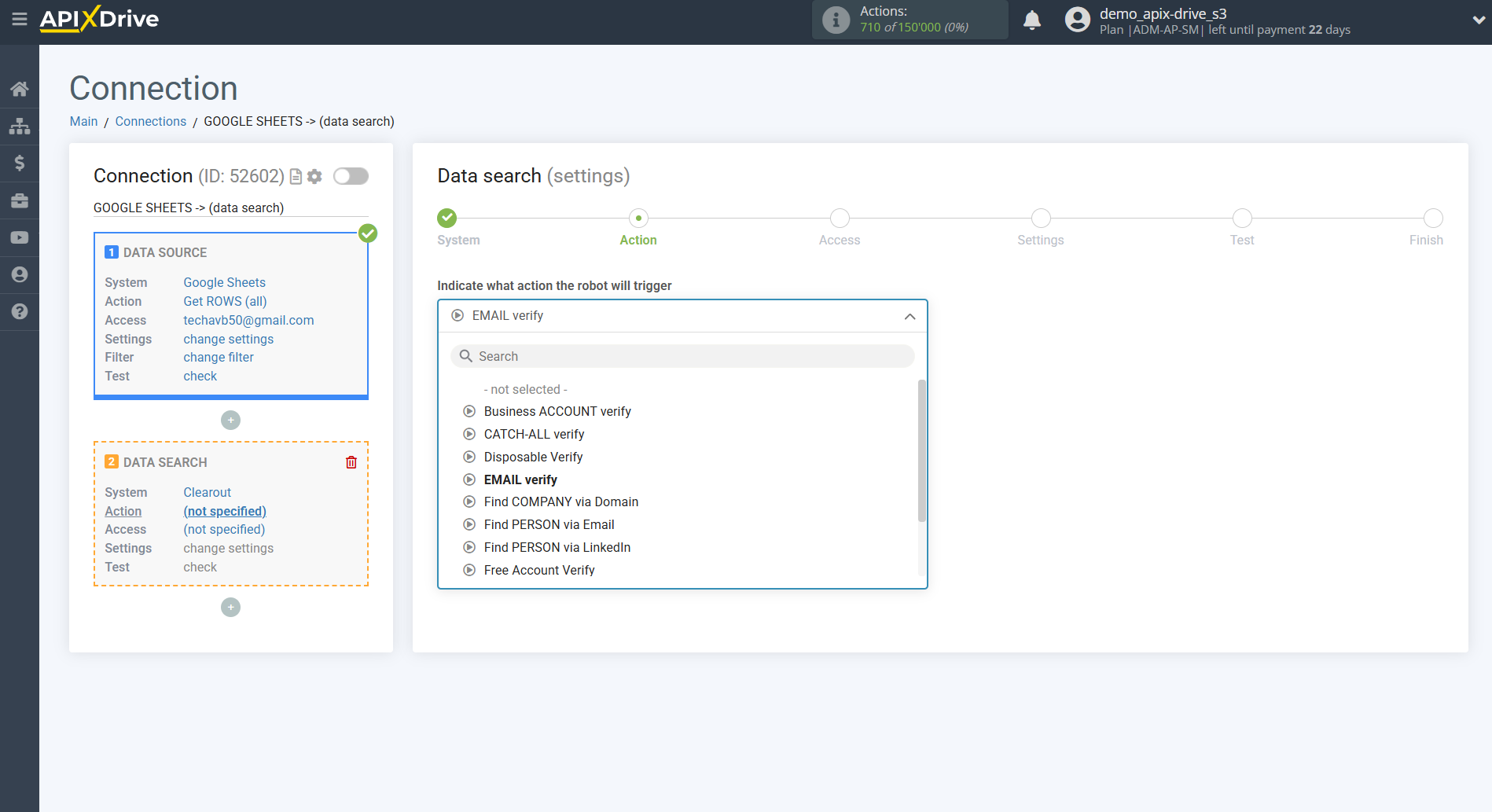 Setting Search to Verification E-MAIL Clearout in Google Sheets | Action selection Setting Search to Verification E-MAIL Clearout in Google Sheets | Action selection