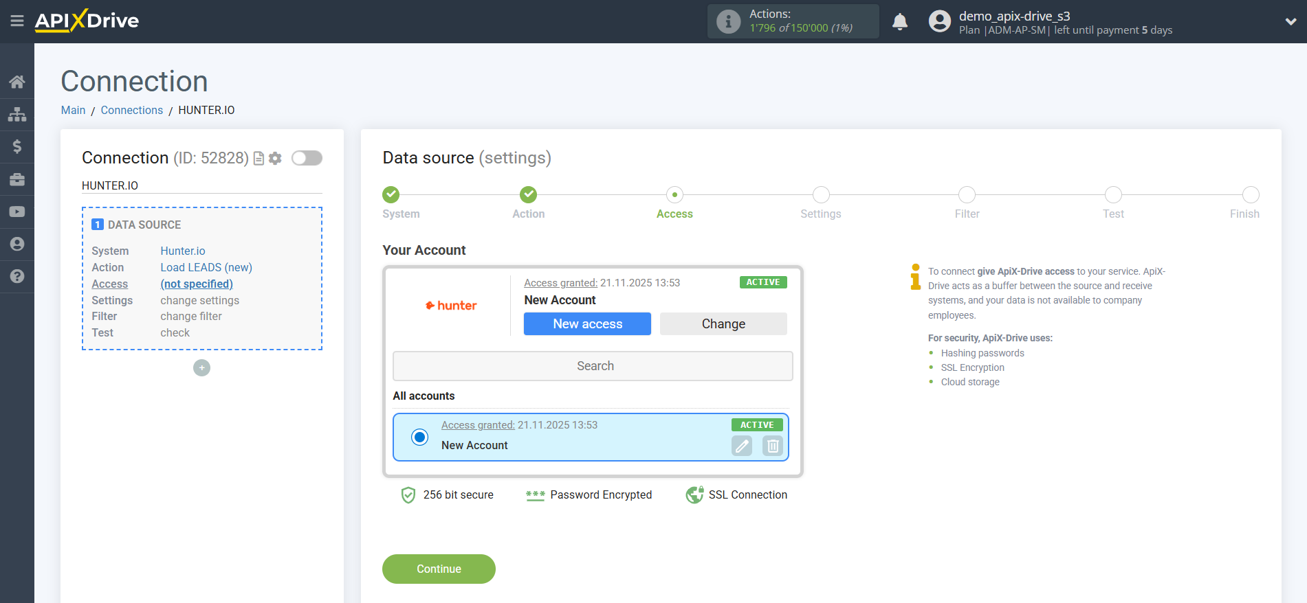 How to Connect Hunter.io as Data Source | Account selection