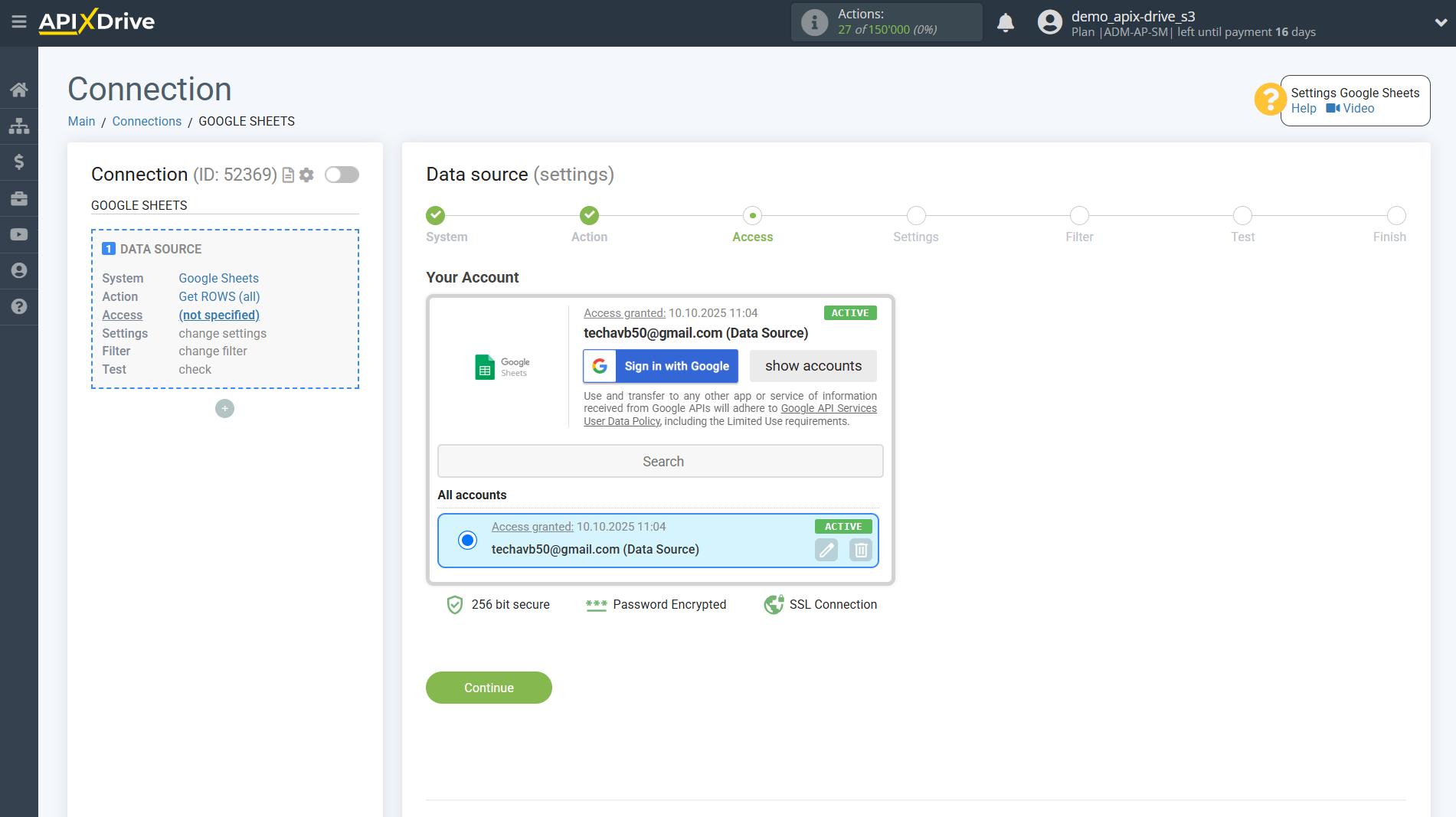 Setting up ConvesioConvert Contact Search in Google Sheets | Account selection Setting up ConvesioConvert Contact Search in Google Sheets | Account selection