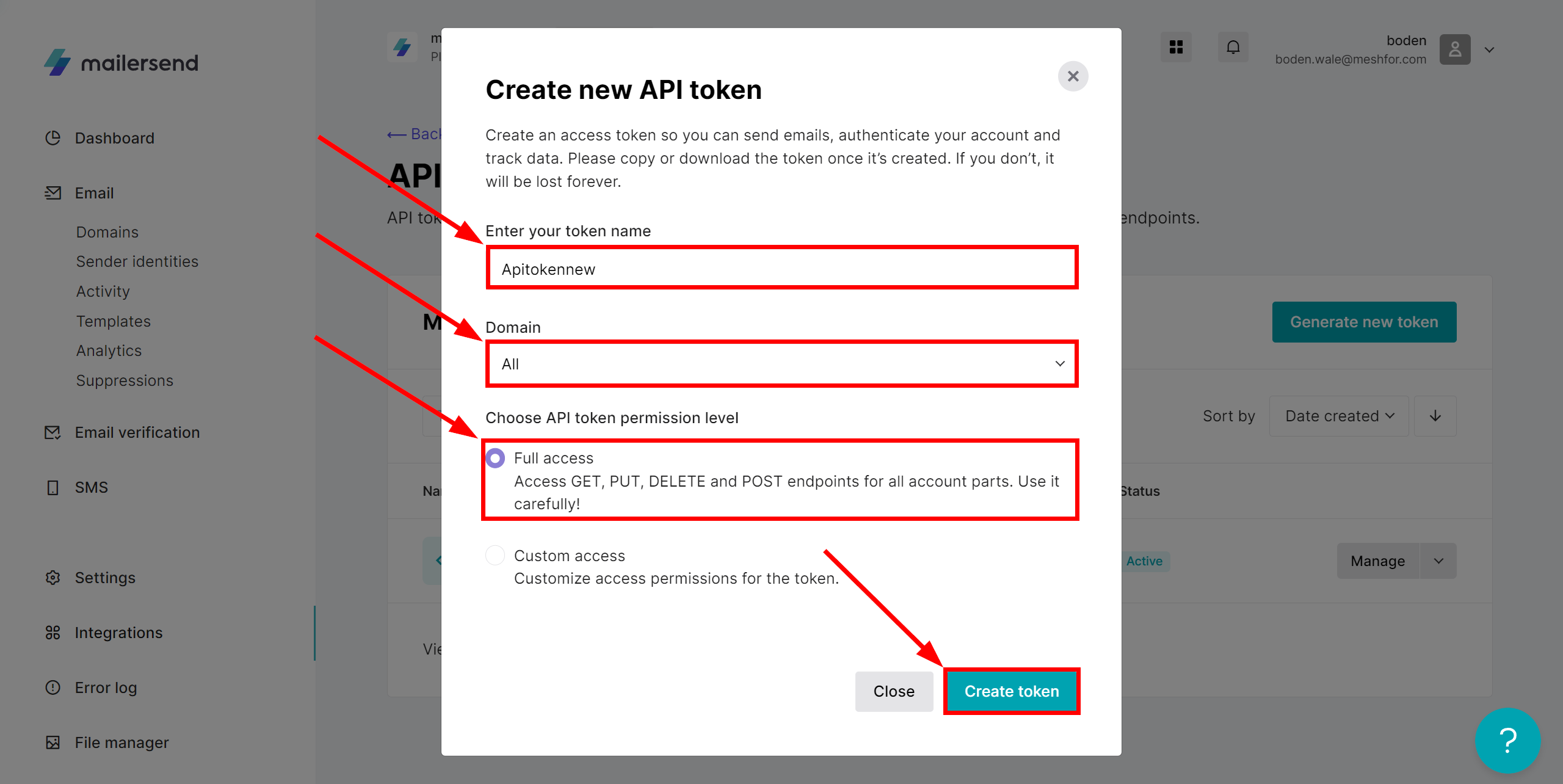 How to Connect MailerSend as Data Destination | Creating an API token