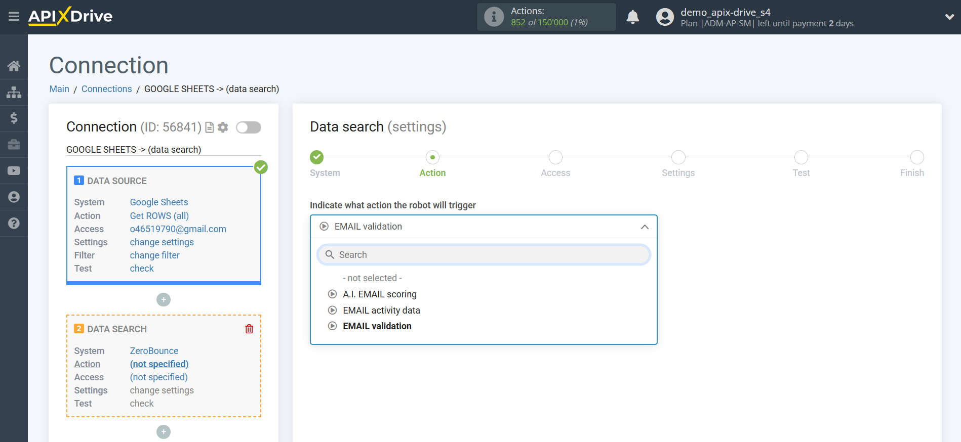 Setting up an ZeroBounce Item Search in Google Sheets | Account selection Setting up an ZeroBounce Item Search in Google Sheets | Account selection
