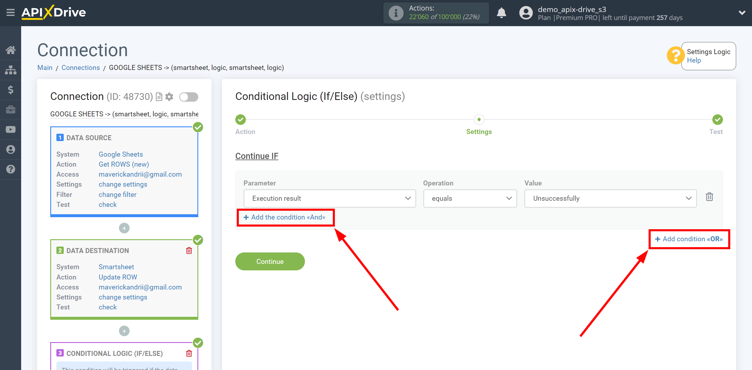 How to setup Smartsheet Update Row / Add Row | Additional conditions "AND", "OR"