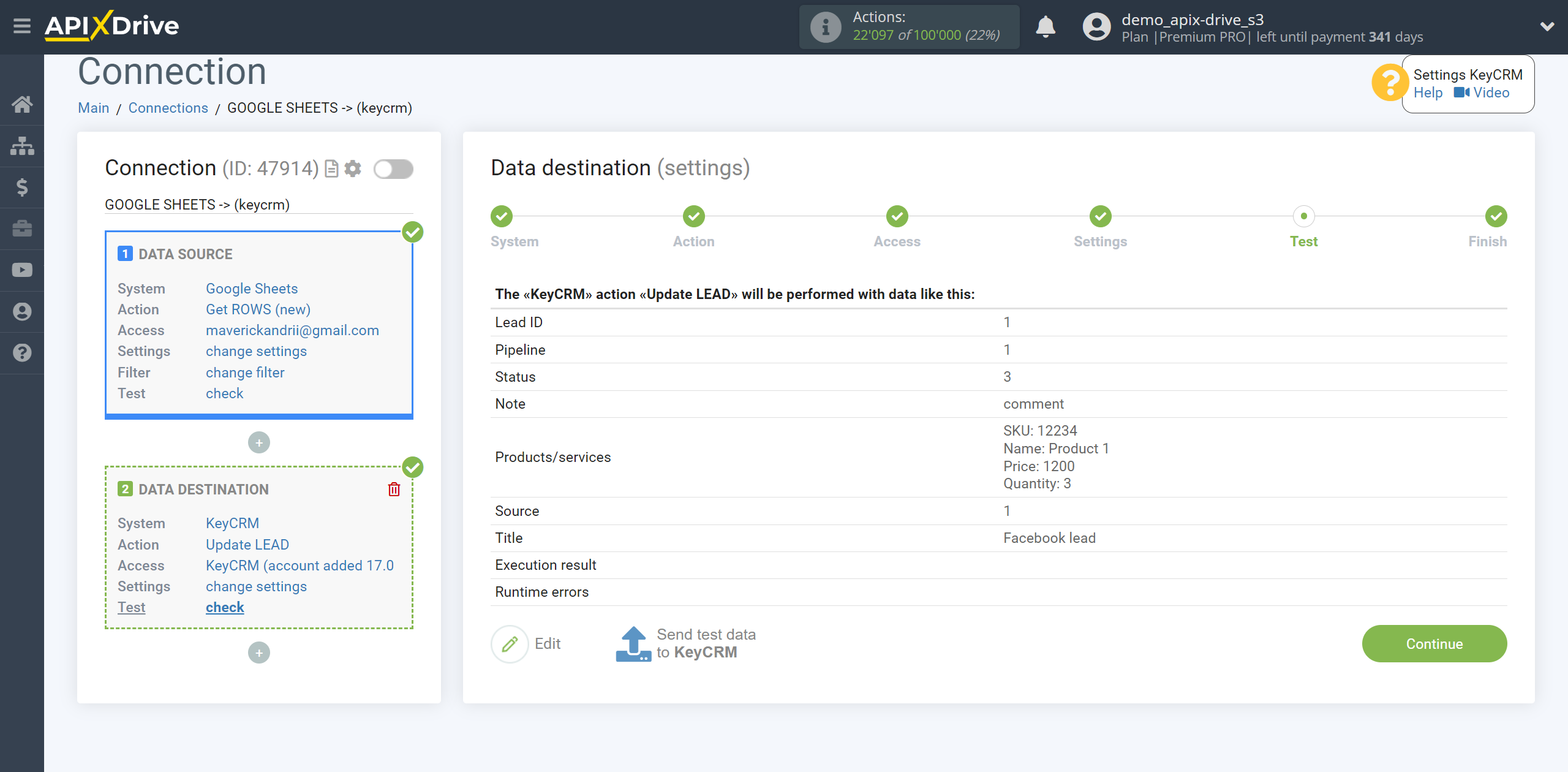 How to setup KeyCRM Update Lead / Create Lead | Test data