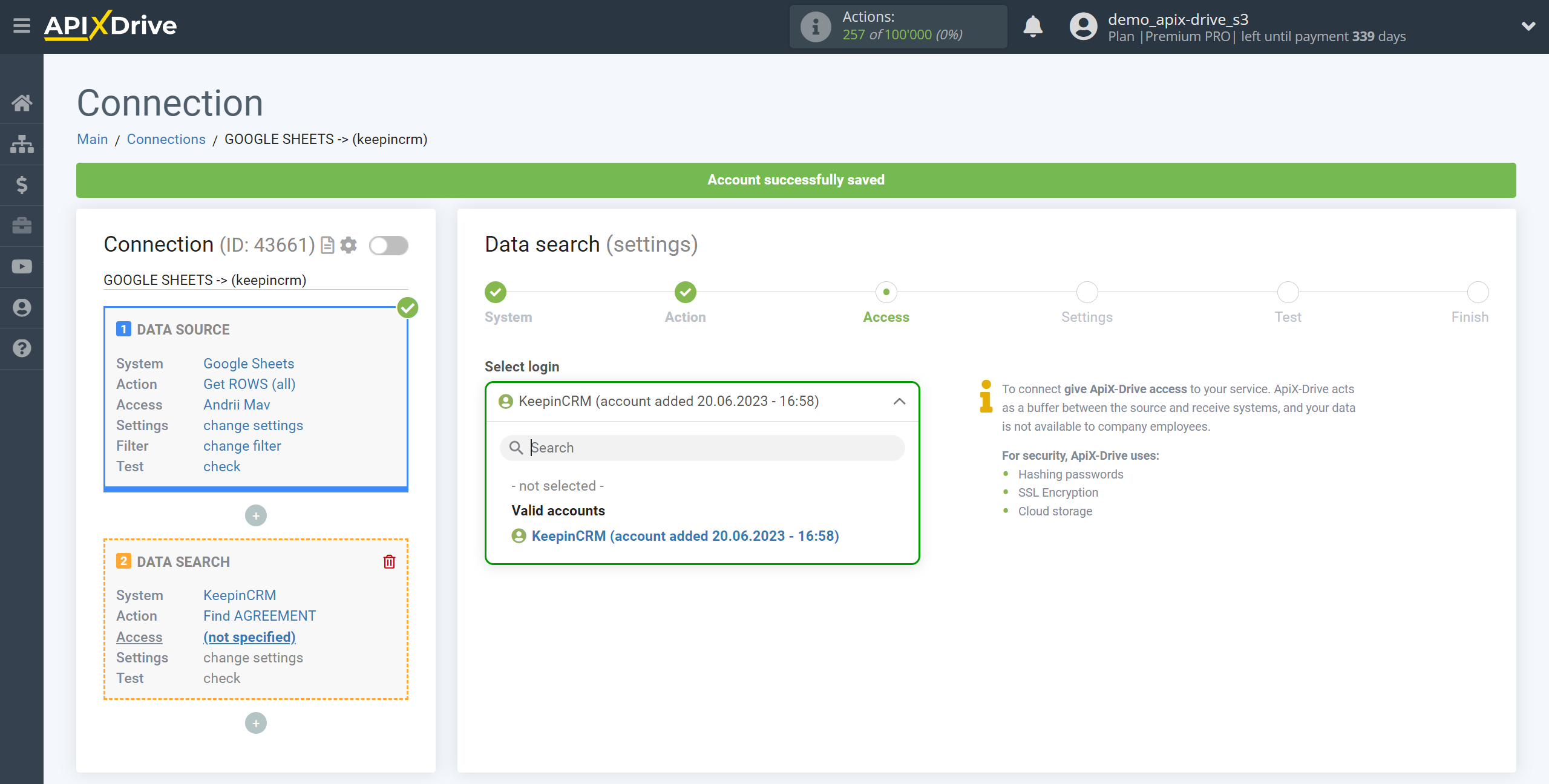 Setting up KeepinCRM Agreement Search in Google Sheets | Selecting a Search account