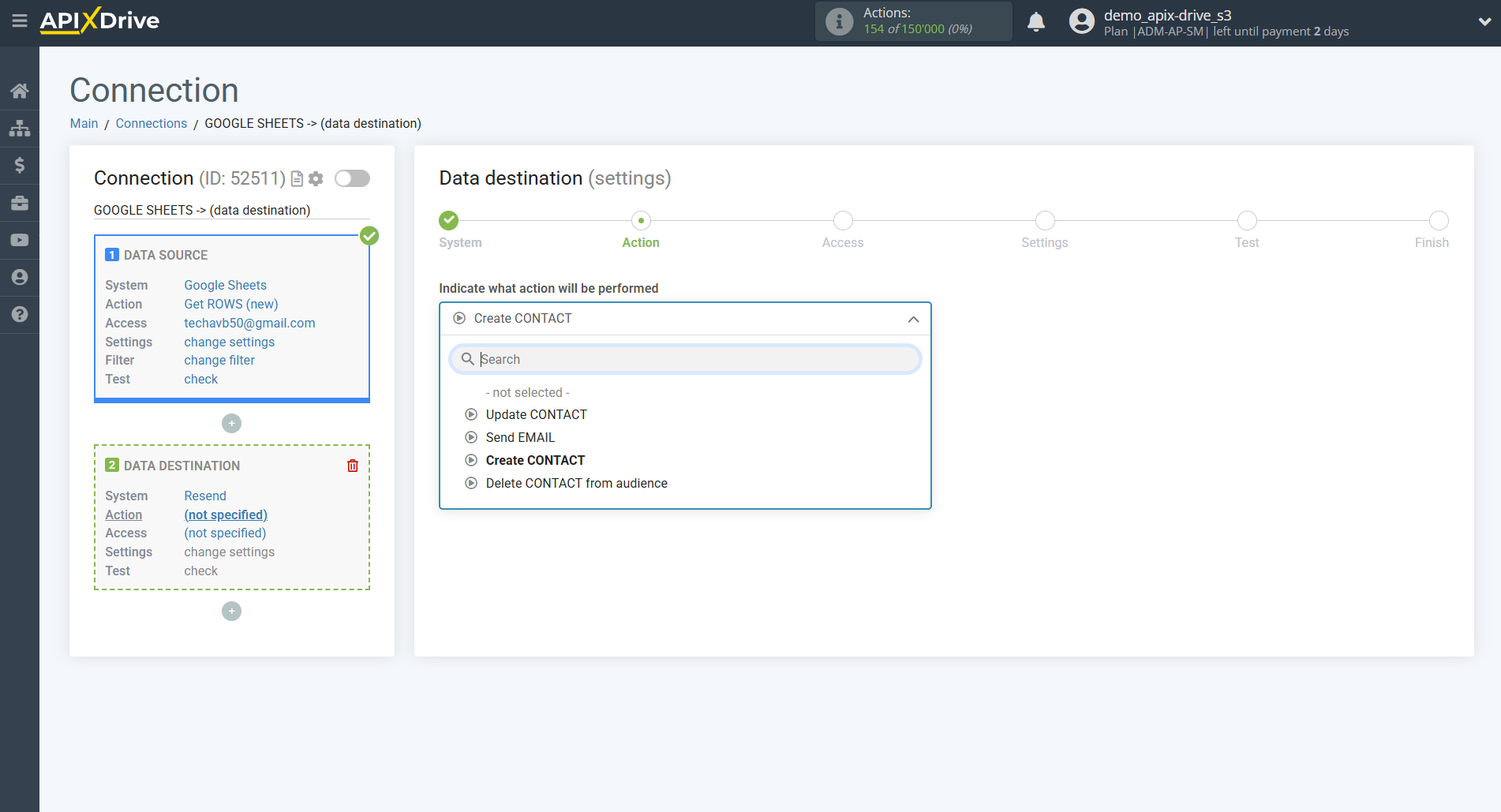 How to Connect Resend as Data Destination | Action selection
