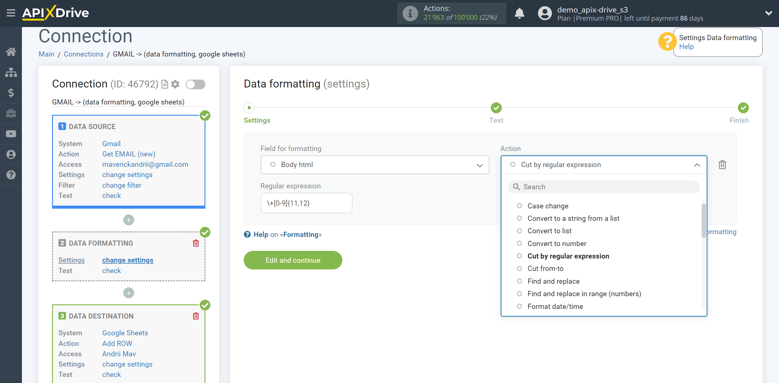 How to setup Data Formatting | Selecting the function Cut by regular expression