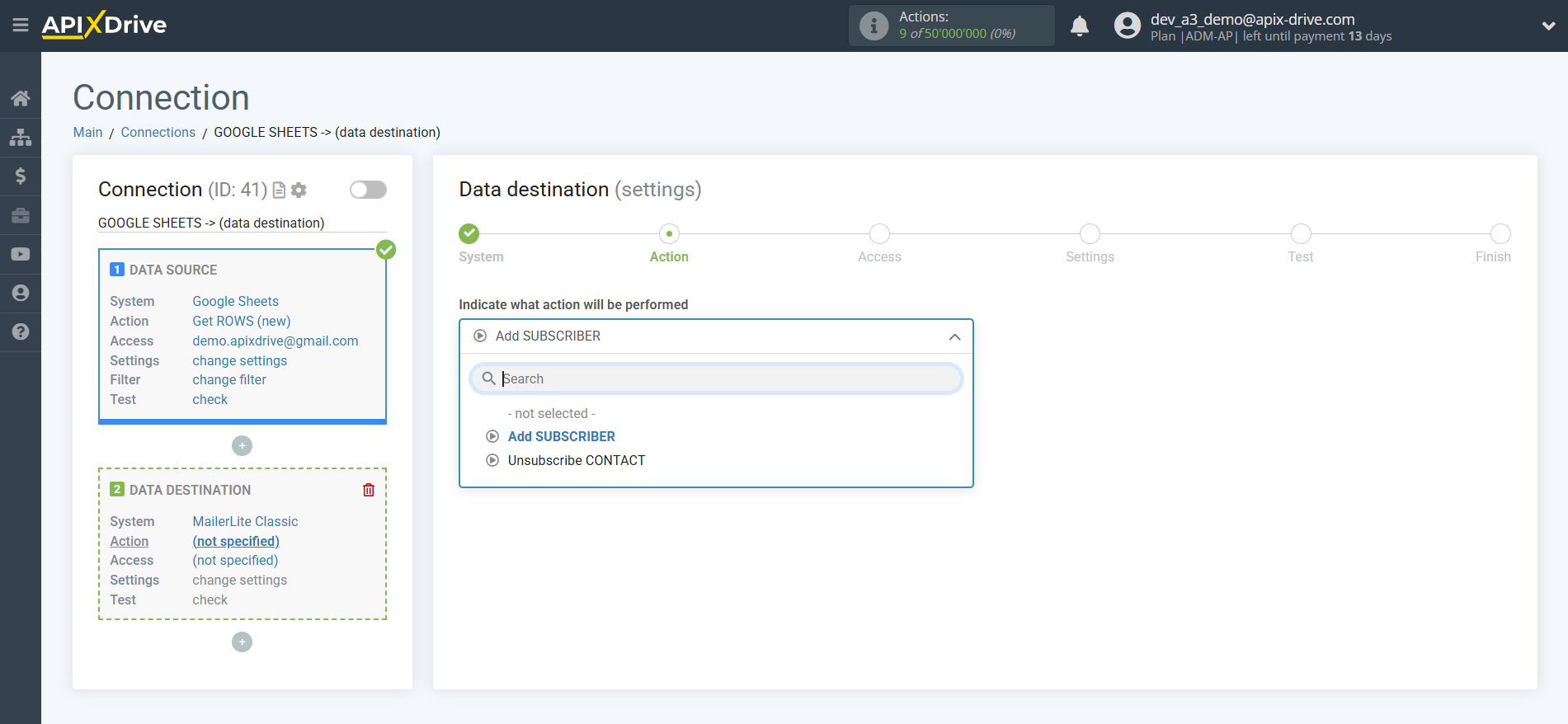 How to Connect MailerLite Classic as Data Destination | Action selection
