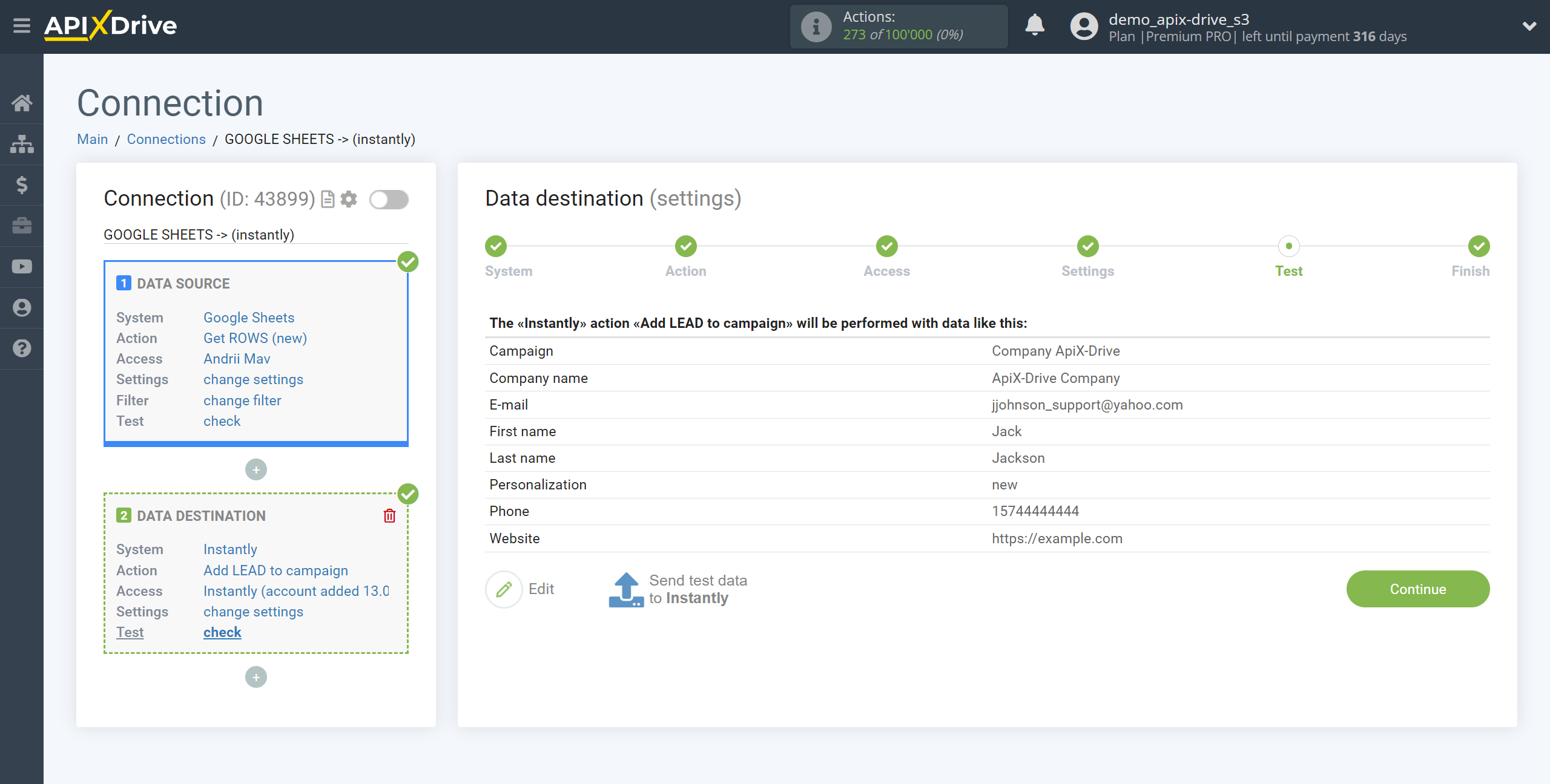 How to Connect Instantly as Data Destination | Test data