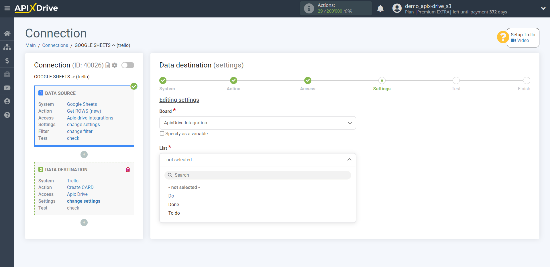 How to Connect Trello as Data Destination | List selection