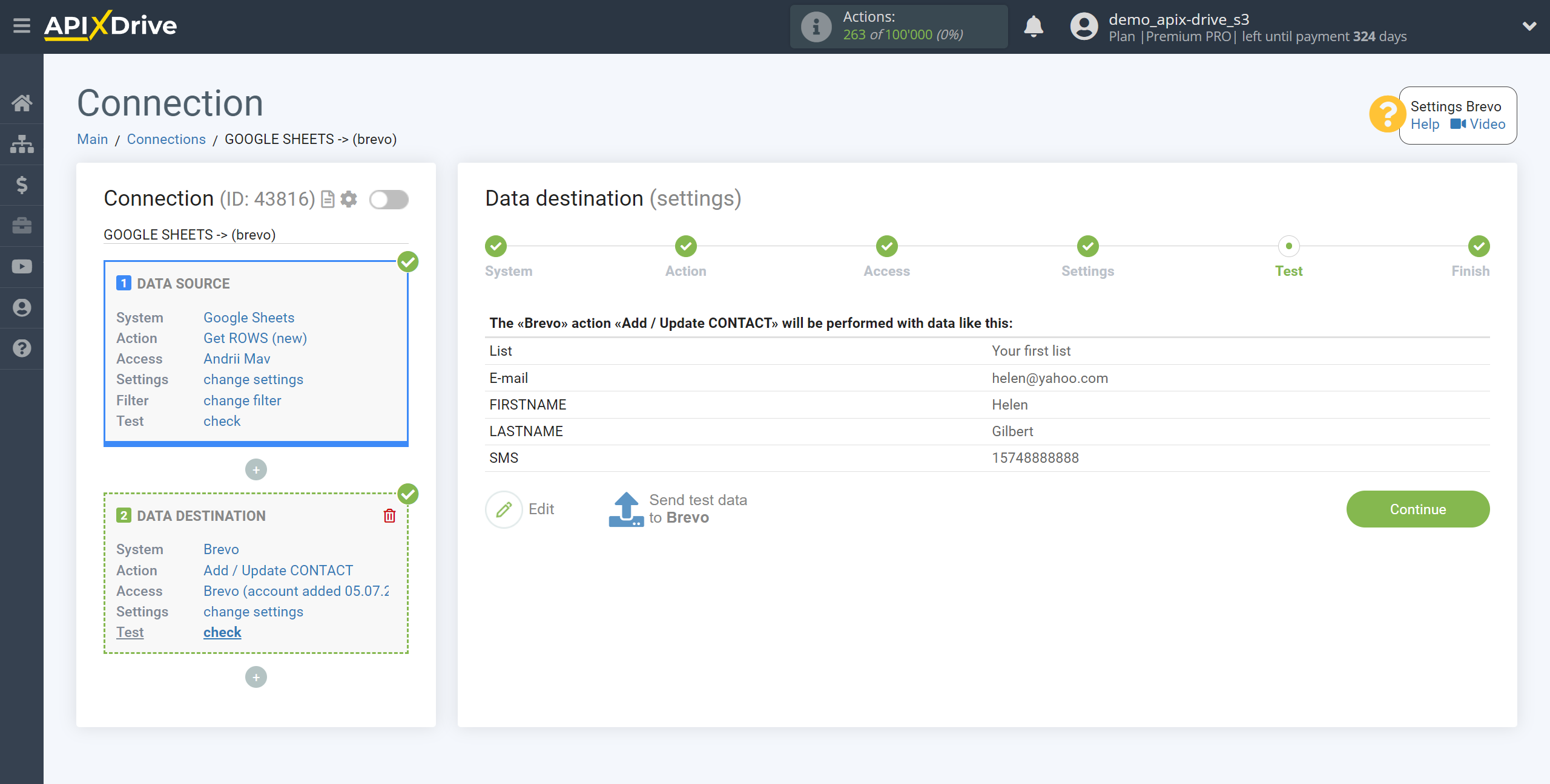 How to Connect Brevo as Data Destination | Test data