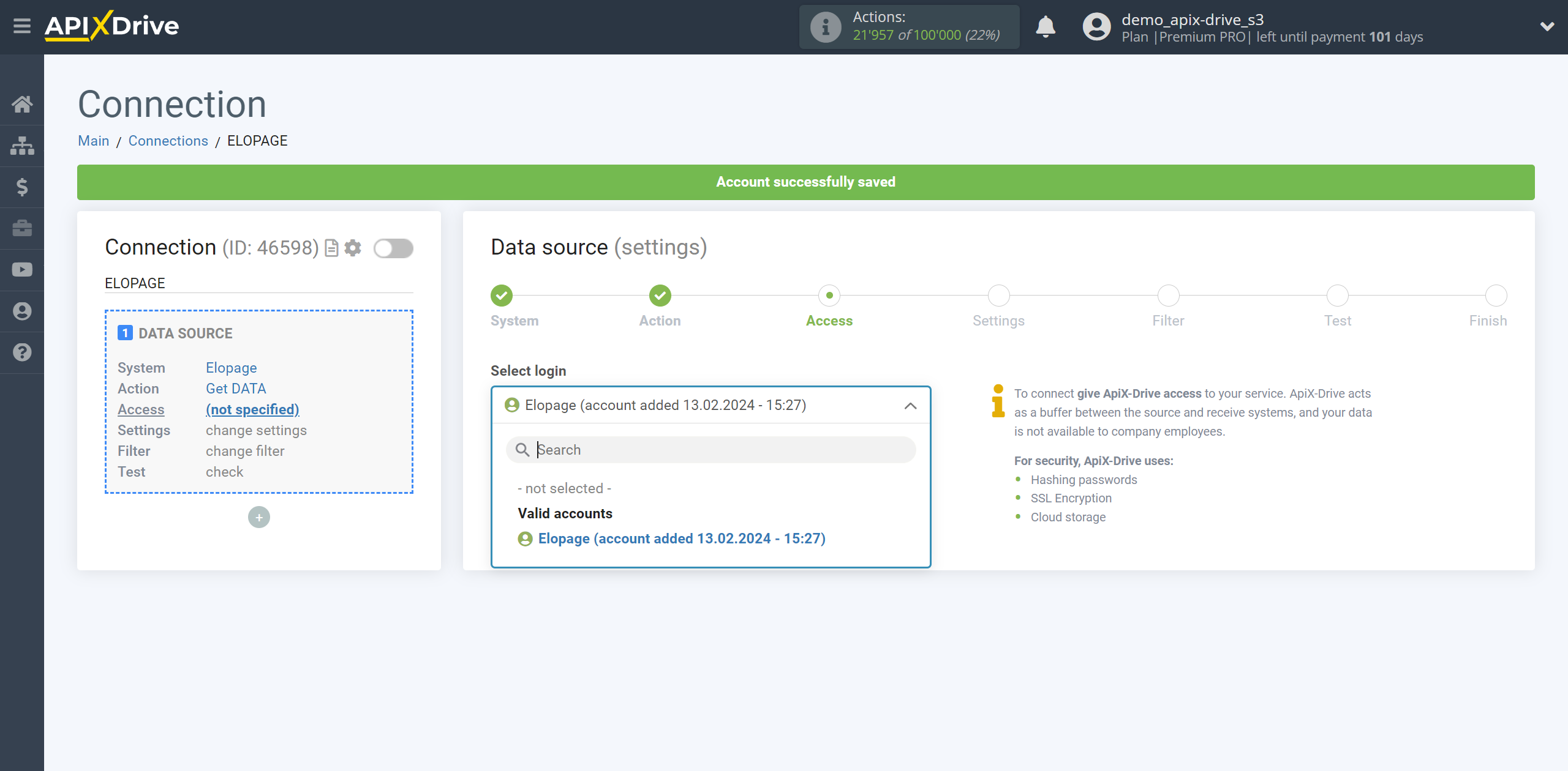 How to Connect Elopage as Data Source | Account selection