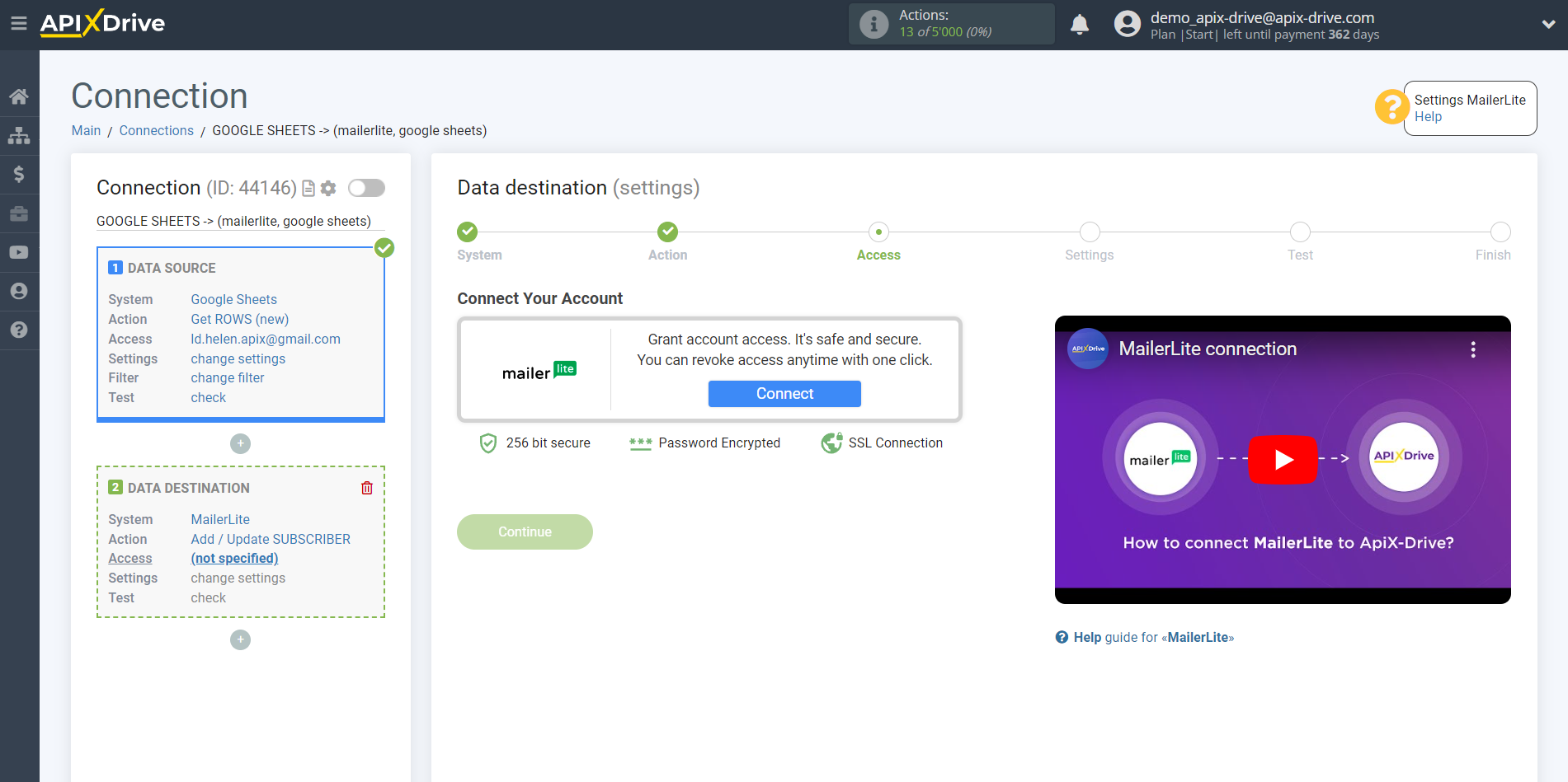 How to Connect MailerLite as Data Destination | Account connection