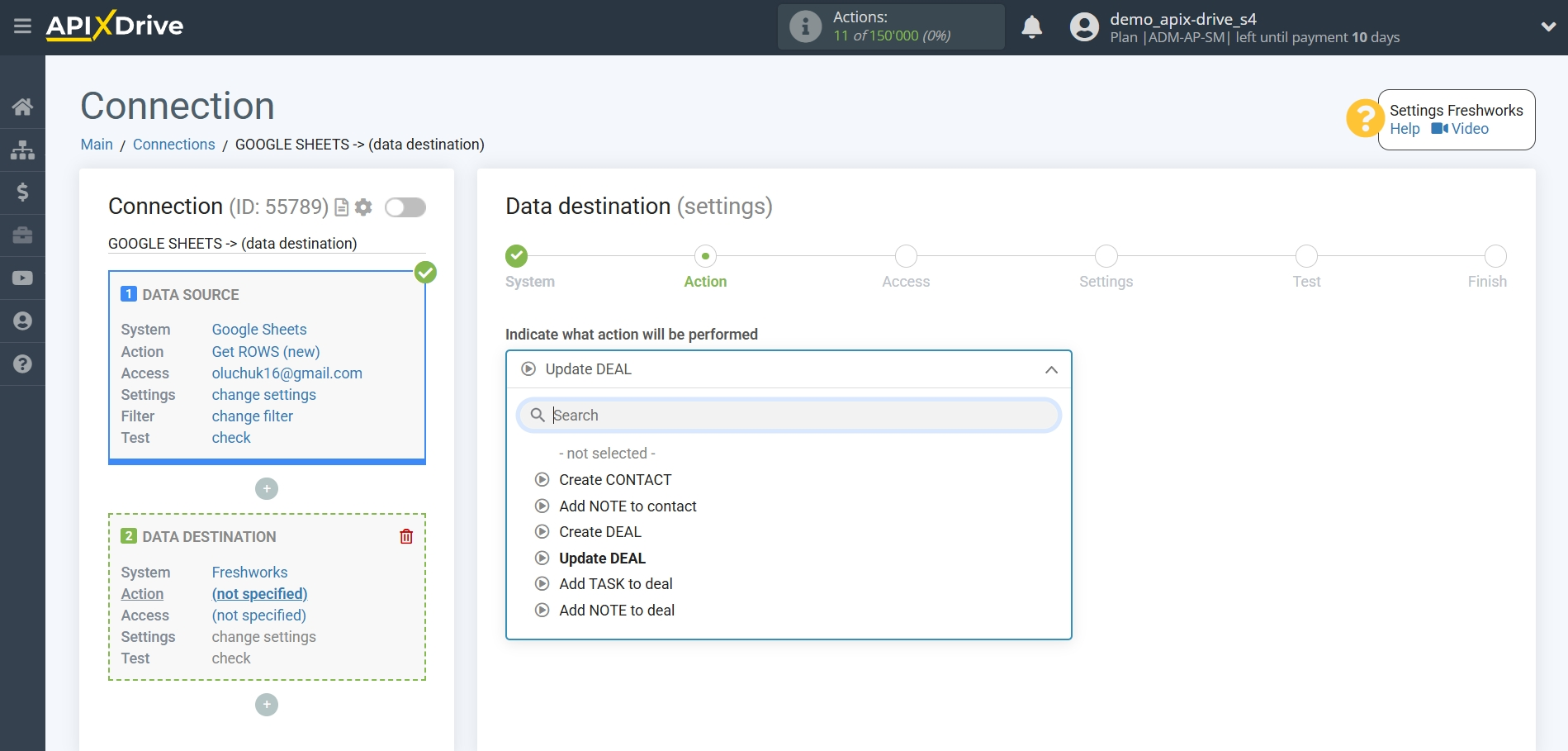 How to setup&nbsp;Freshworks Update Deal / Create Deal | Action selection