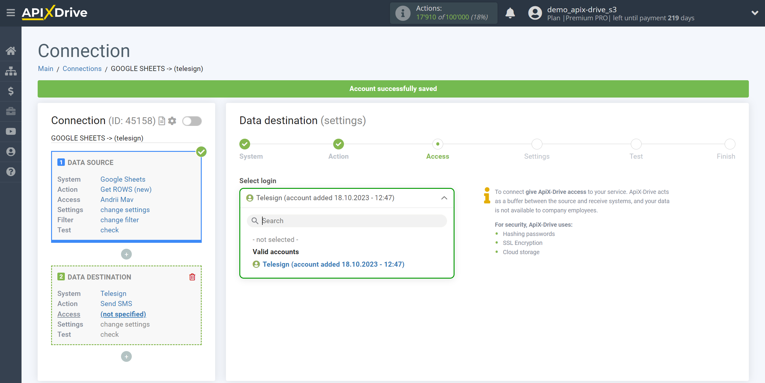 How to Connect Telesign as Data Destination | Account selection