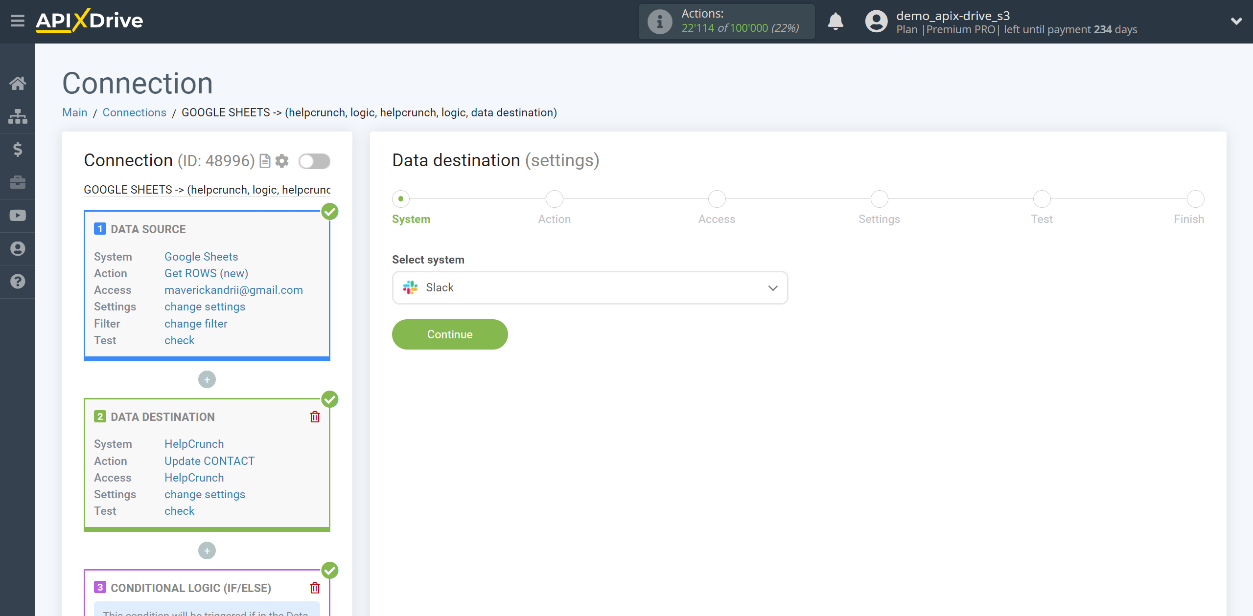 How to setup HelpCrunch Update Contact / Create Contact | Selecting a Data Destination system