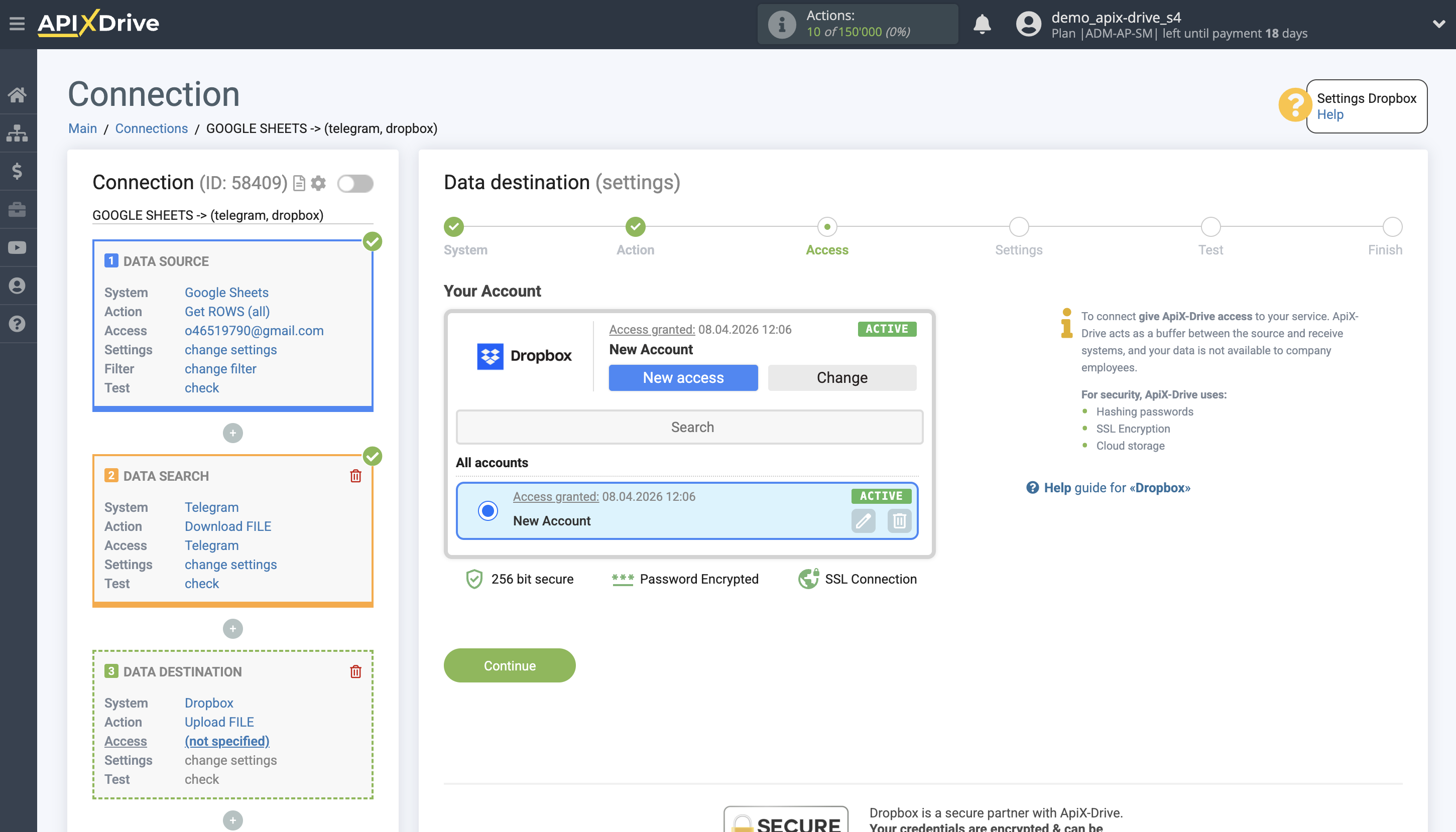 Telegram File Upload Settings to Dropbox | Selecting an account