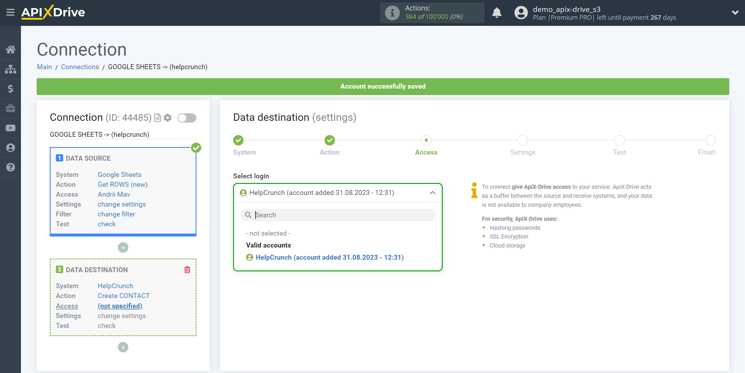 How to Connect HelpCrunch as Data Destination | Account selection