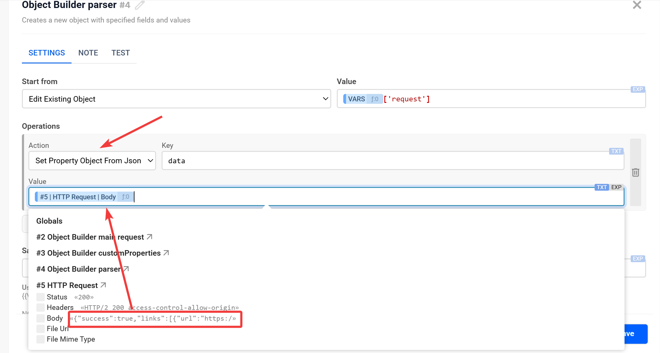 Object Builder | Налаштування дії&nbsp;Set property Object From Json