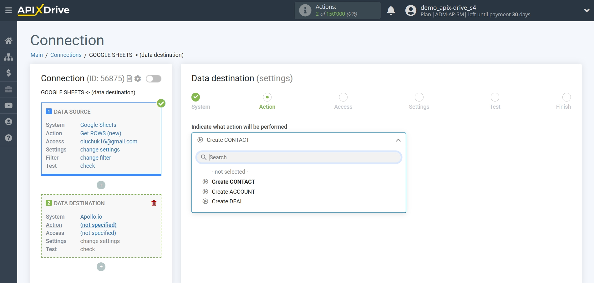 How to Connect Apollo.io to Apps as Data Destination | Action selection How to Connect Apollo.io to Apps as Data Destination | Action selection 