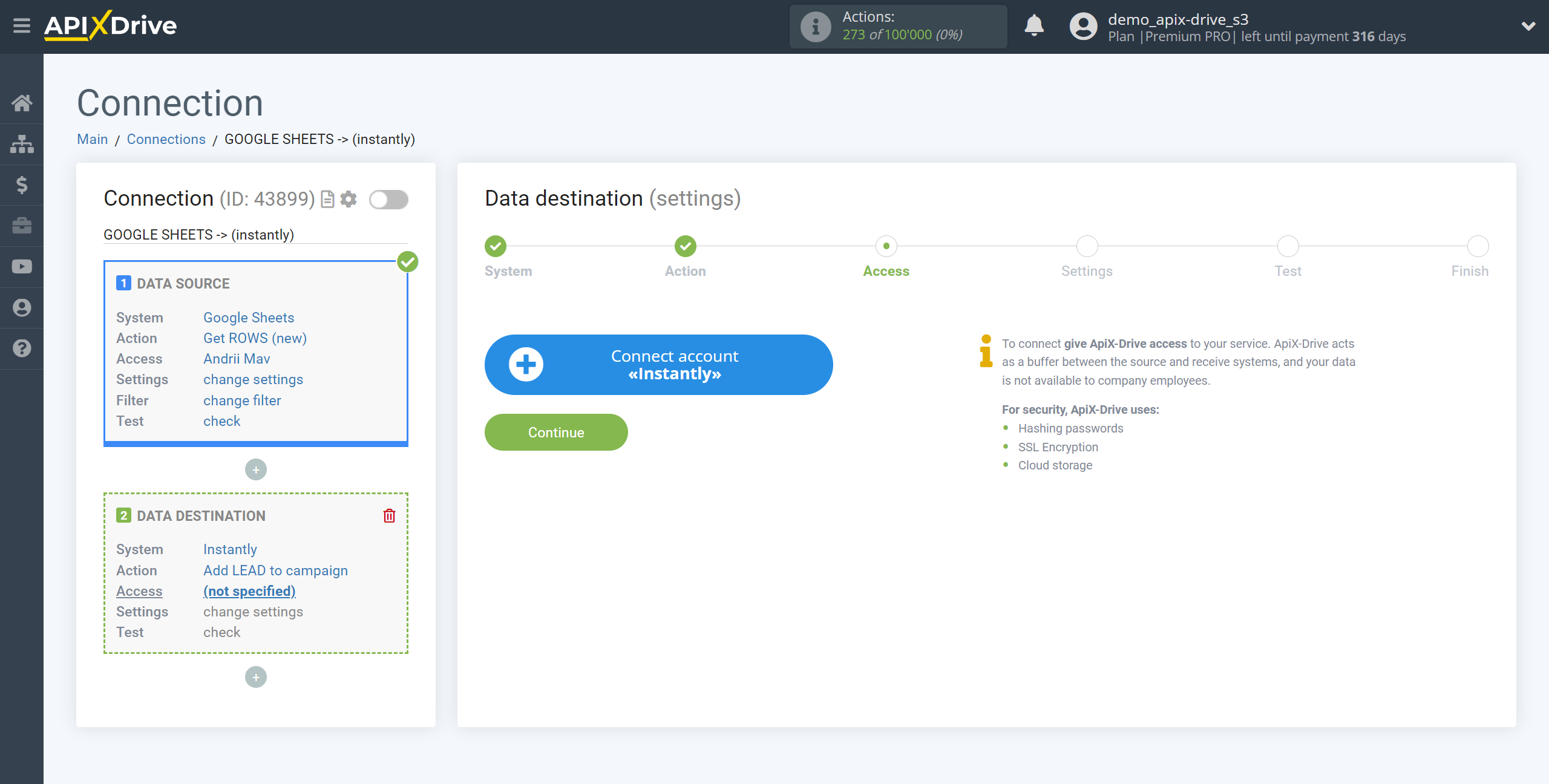 How to Connect Instantly as Data Destination | Account connection