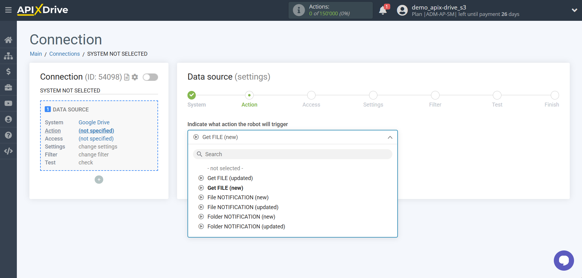 How to Connect Google Drive as Data Source | Action selection