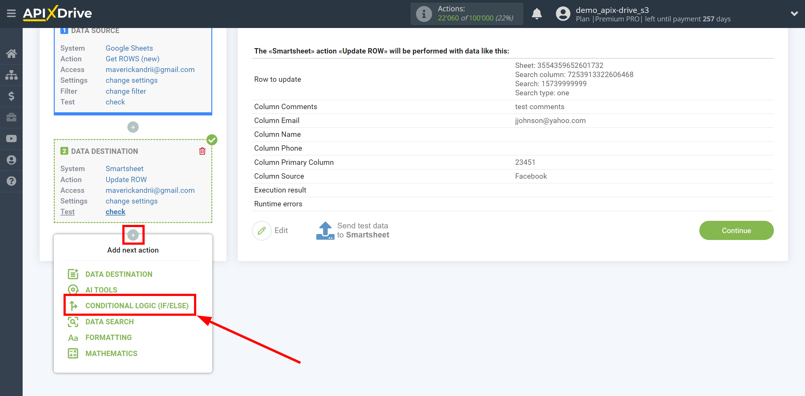 How to setup Smartsheet Update Row / Add Row | Start setting up the Logic section