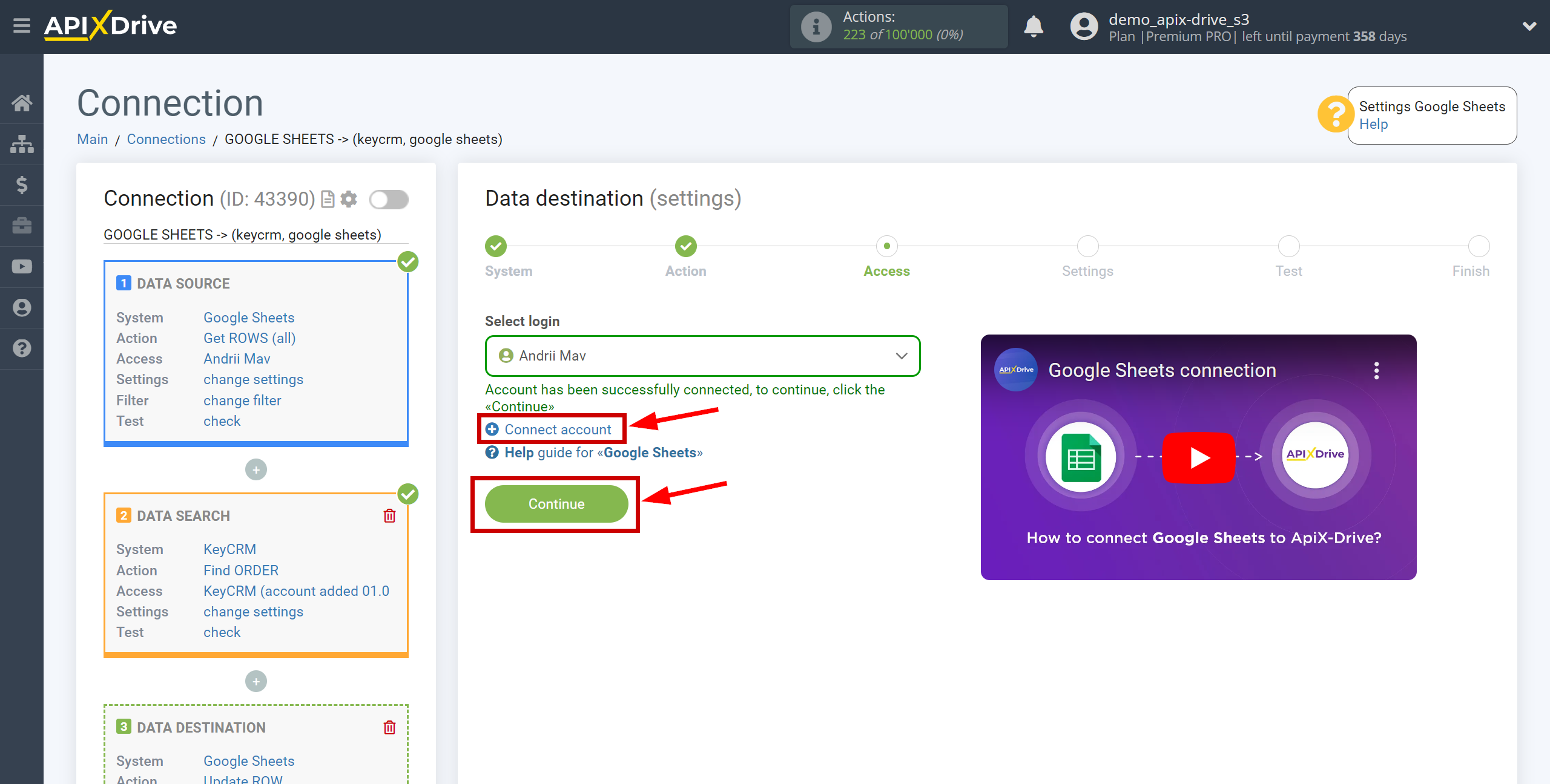 Setting up KeyCRM Order Search in Google Sheets | Account selection