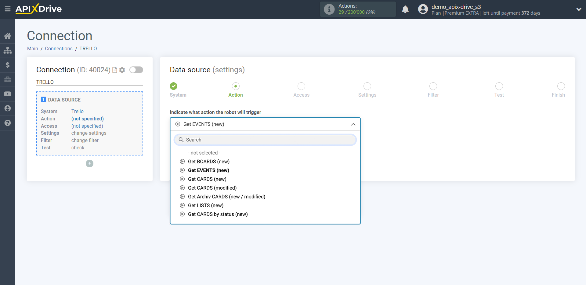 How to Connect Trello as Data Source | Action selection