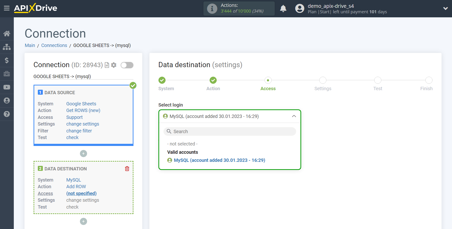 How to Connect MySQL as Data Destination | Account selection