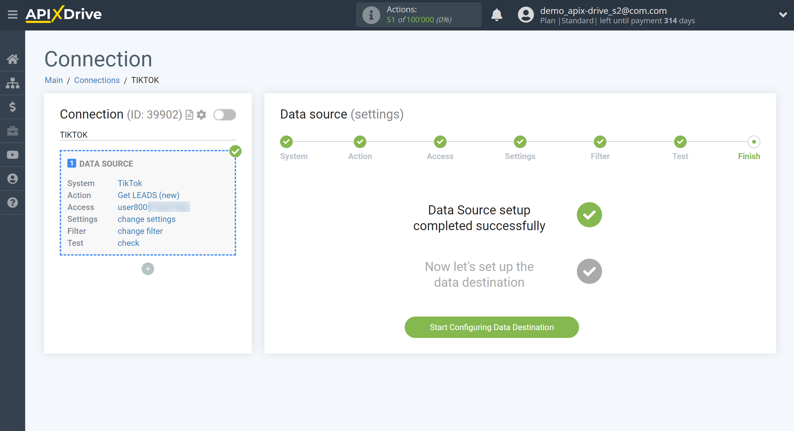 How to Connect TikTok as Data Source | Go to the Data Destination setup