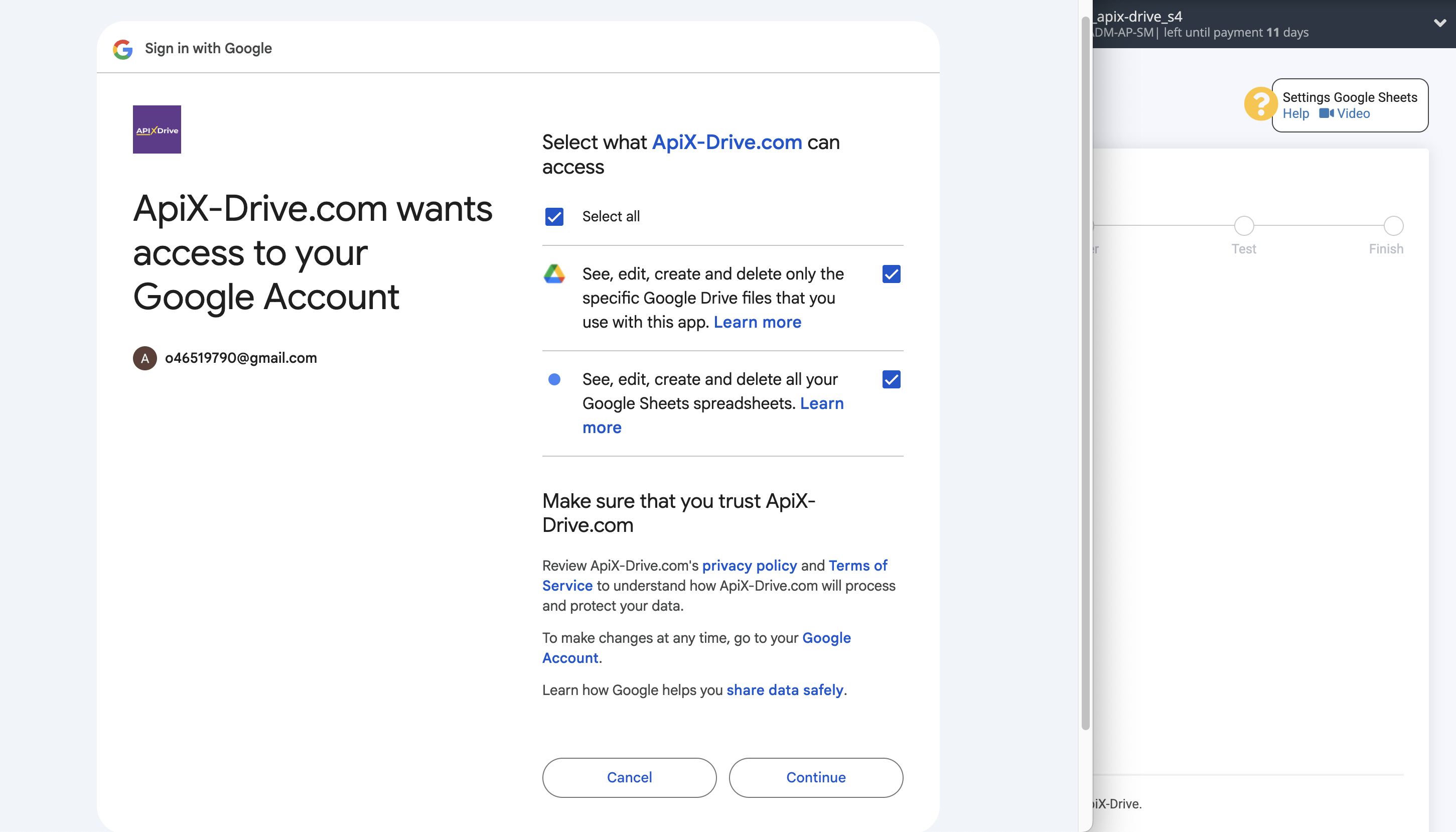 Setting up Dropbox Contact Search in Google Sheets | Select a Google account to connect