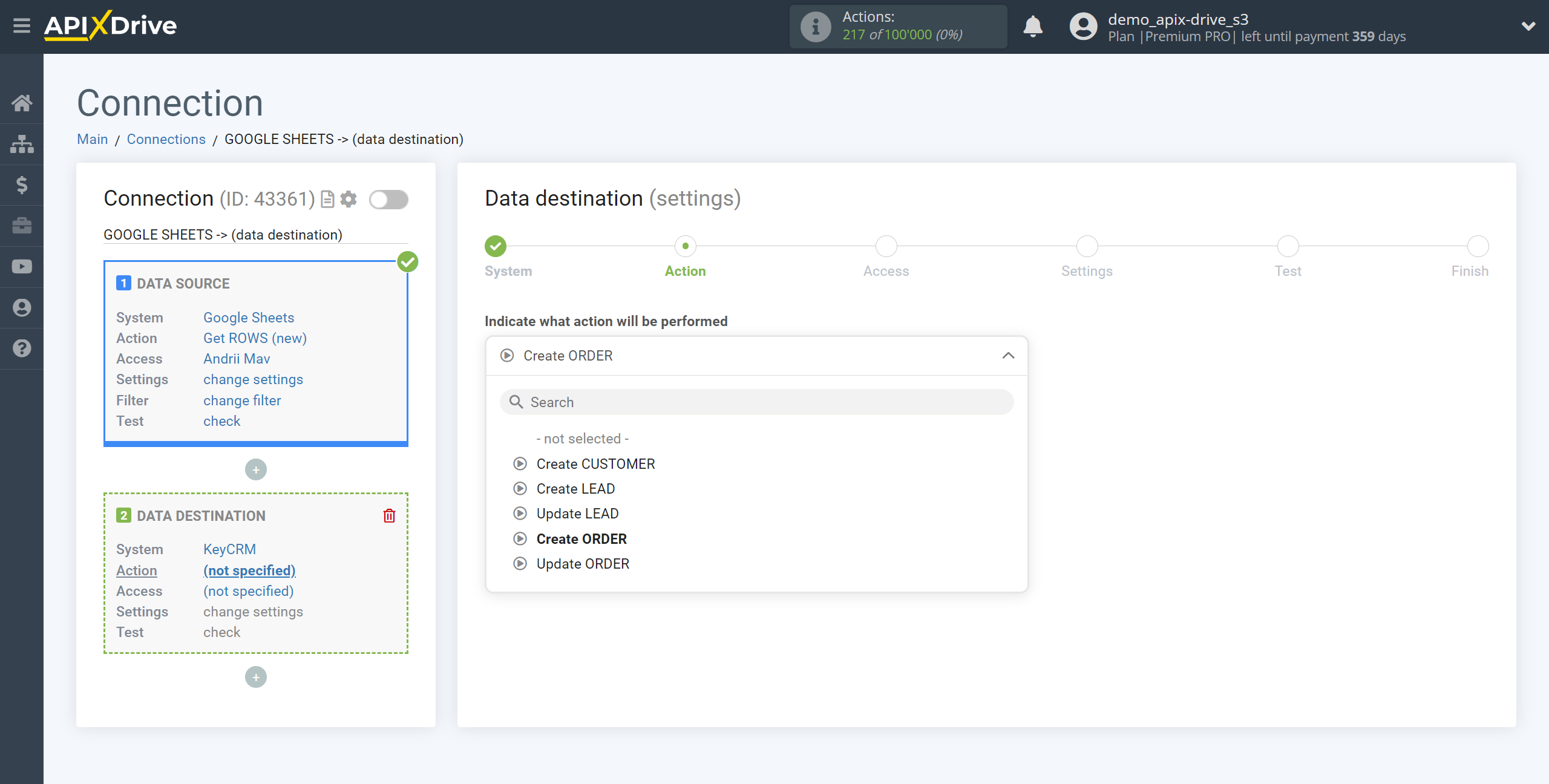 How to Connect KeyCRM as Data Destination | Action selection