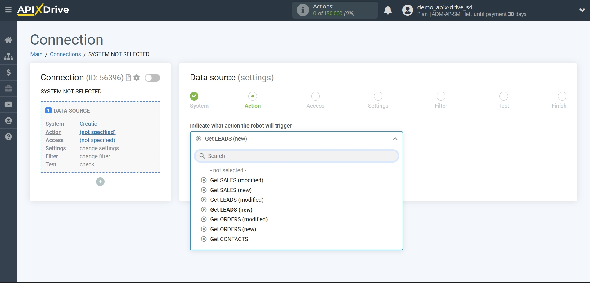 How to Connect Creatio  as Data Source | Action selection How to Connect Creatio  as Data Source | Action selection