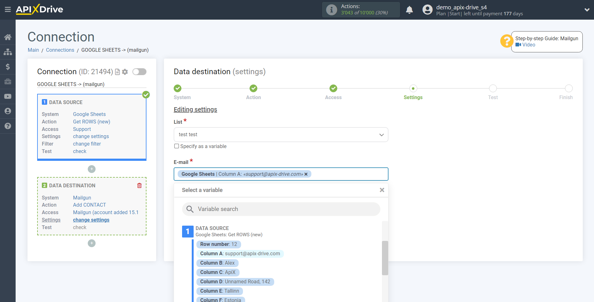 How to Connect Mailgun as Data Destination | Assigning fields