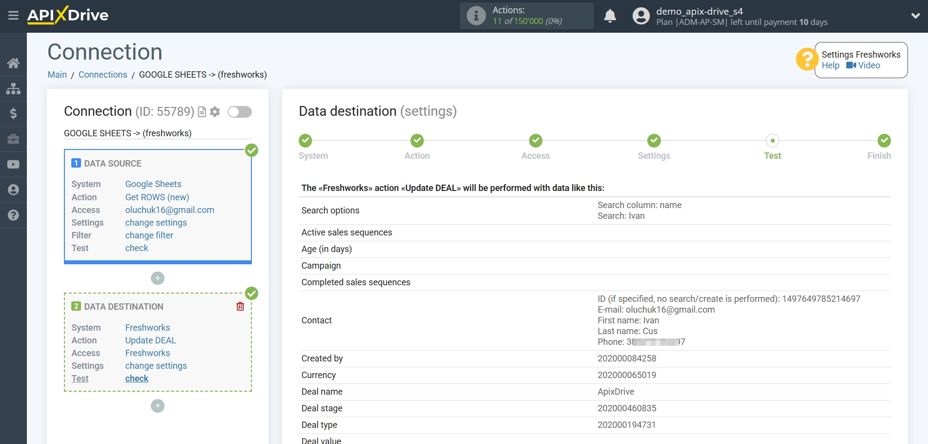 How to setup&nbsp;Freshworks Update Deal / Create Deal | Test data
