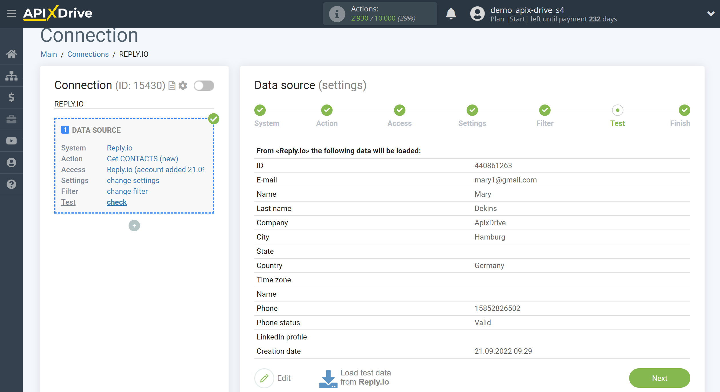 How to Connect Reply.io as Data Source | Test data