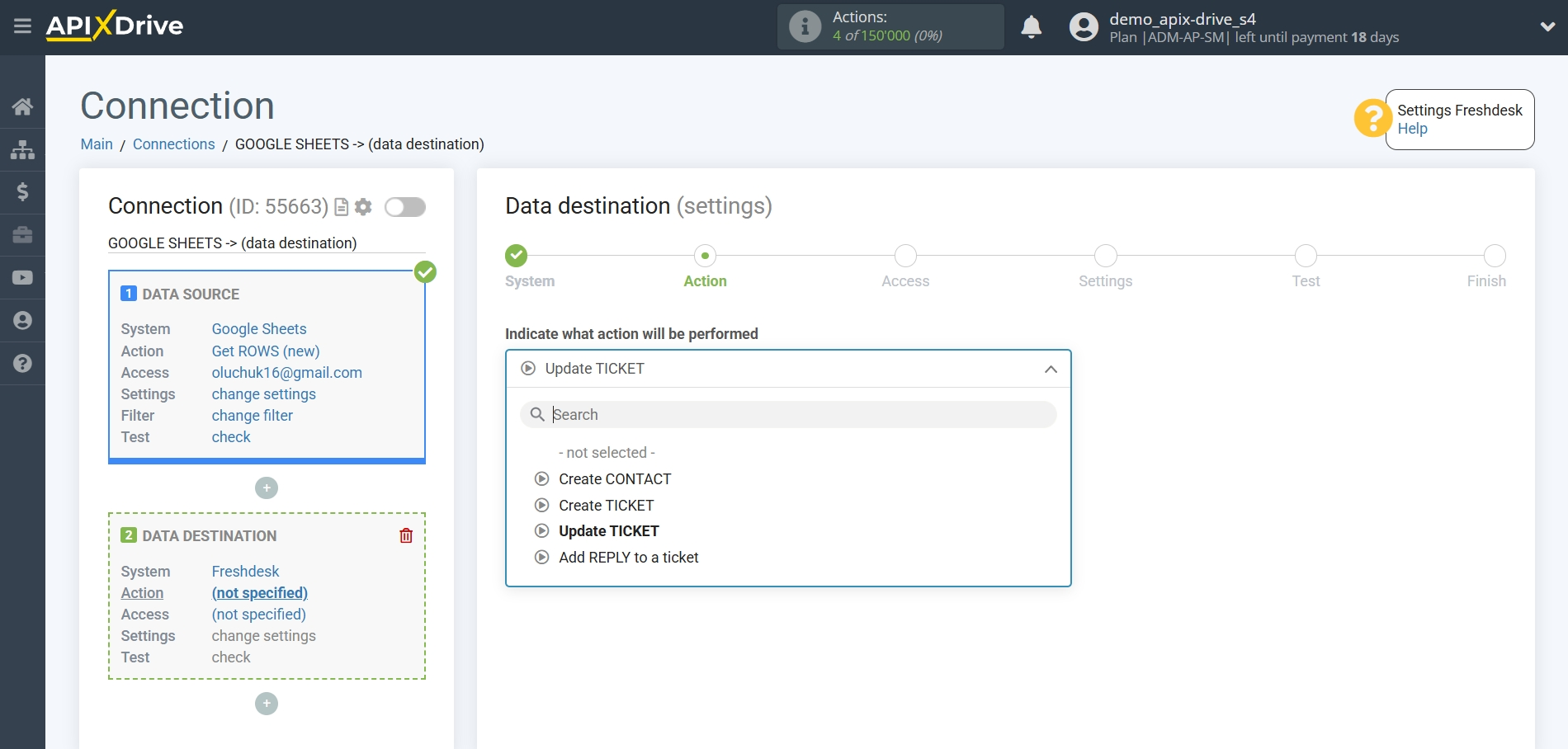 How to setup Freshdesk Update Ticket / Create Ticket | Action selection