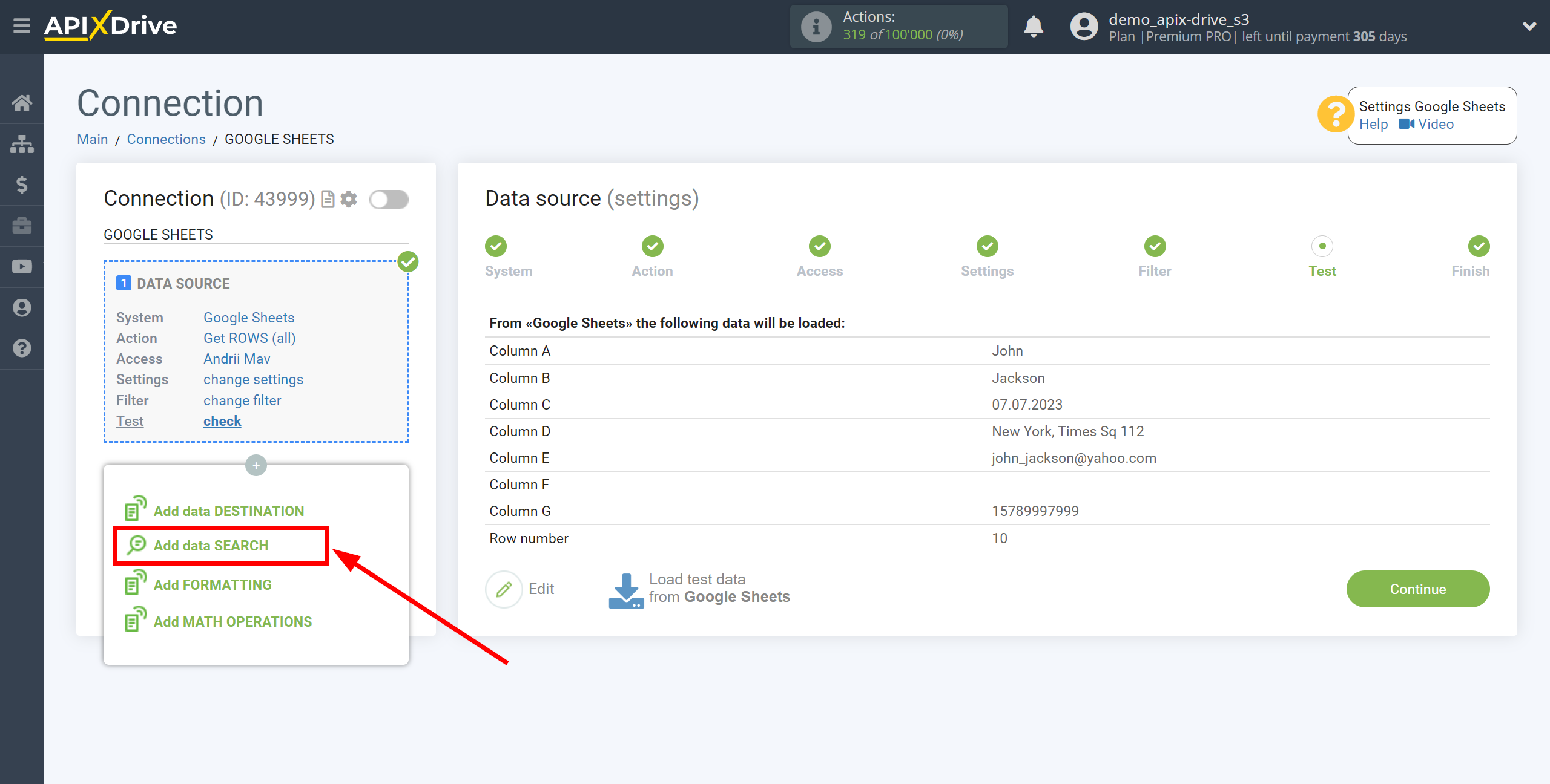 Setting Search to Verification E-MAIL Elastic Email in Google Sheets | Add data Search