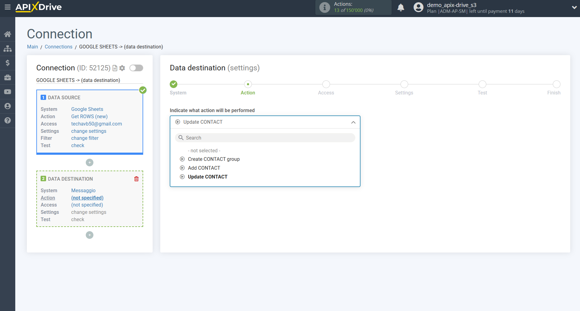 How to setup Messaggio Update Contact / Add Contact | Action selection