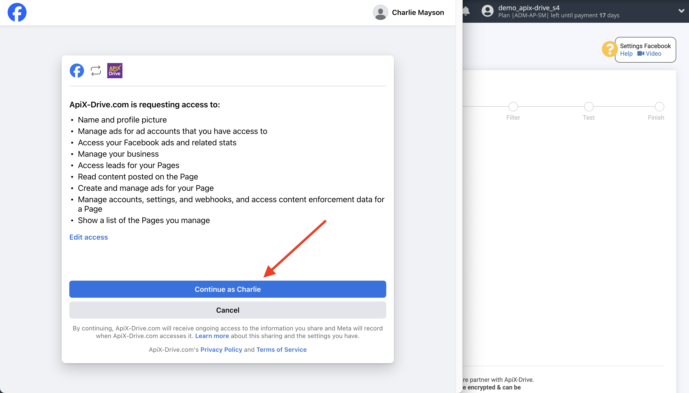 How to Connect Facebook as Data Source | Choosing access to advertising pages
