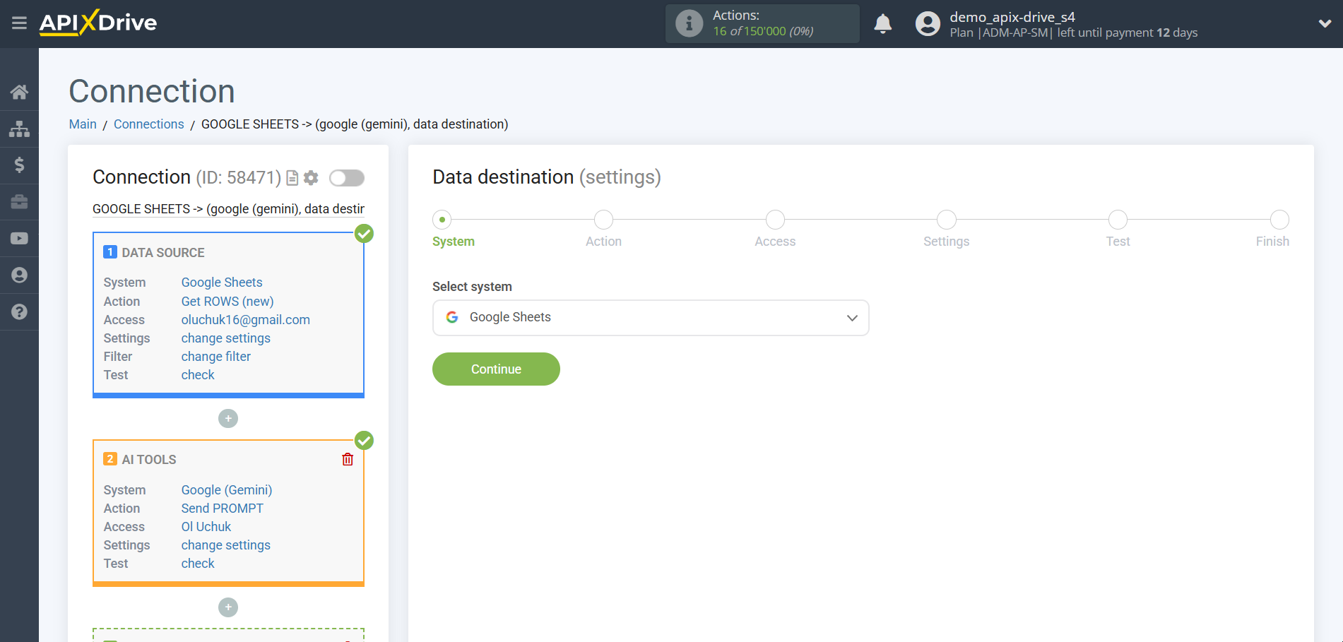 Setting up Gemini in Google Sheets | System selection