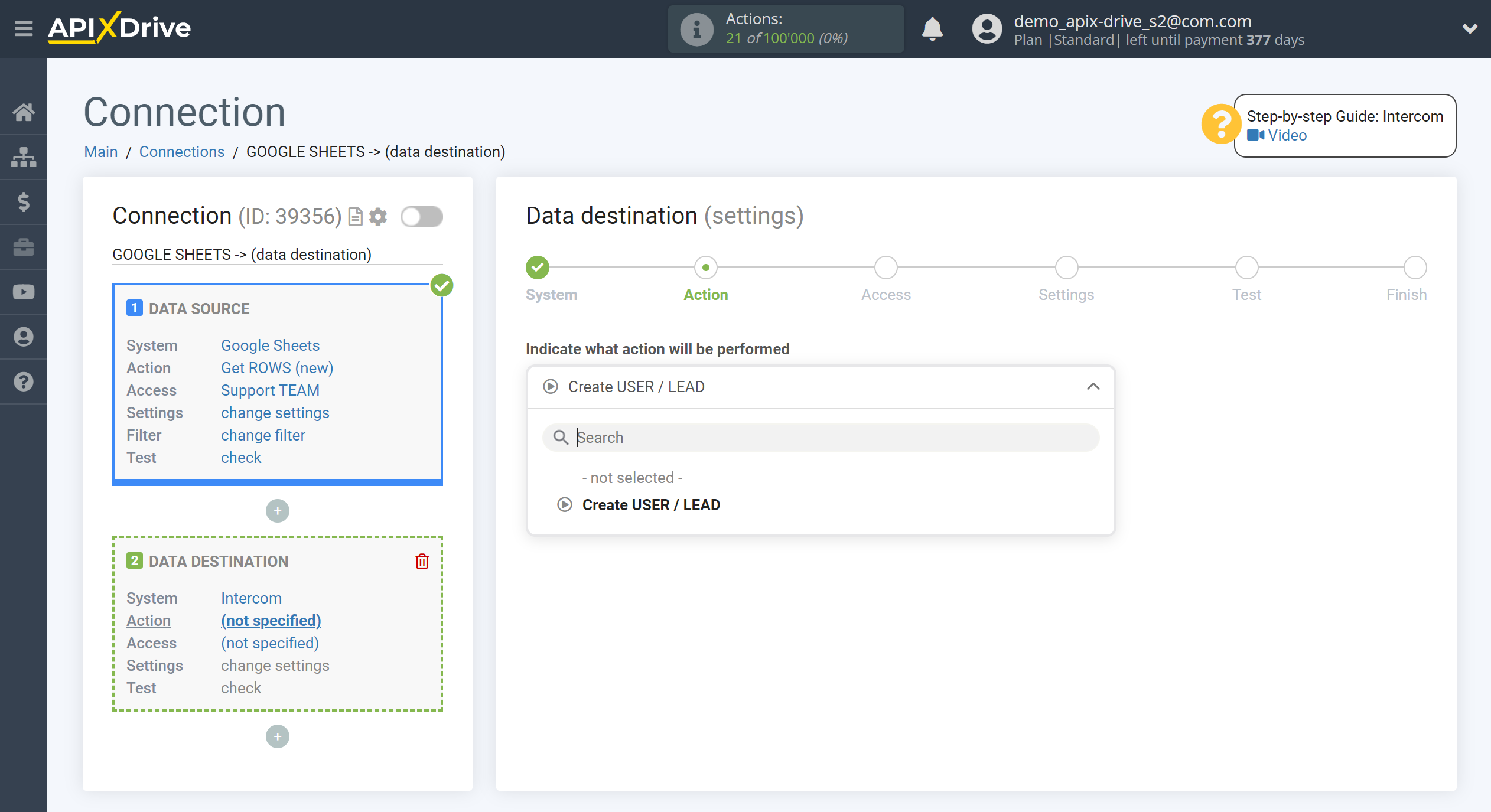 How to Connect Intercom as Data Destination |  Action selection