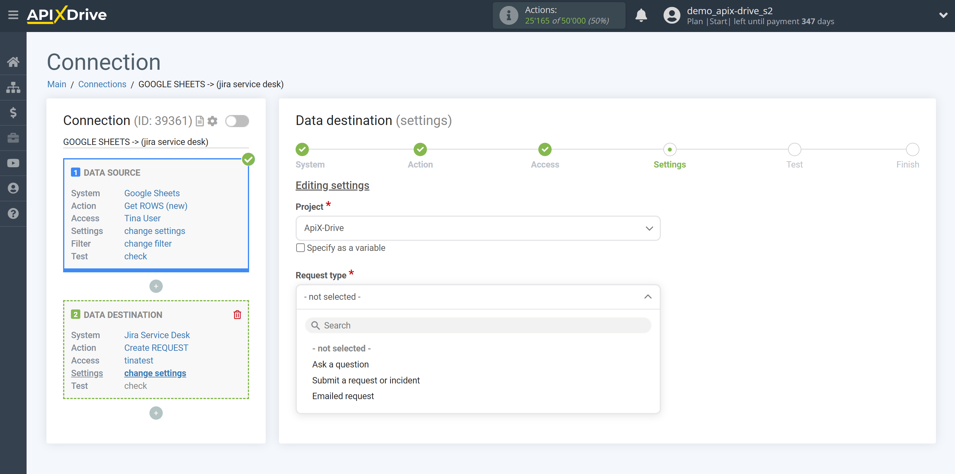 How to Connect Jira Service Management as Data Destination | Drop-down list selection