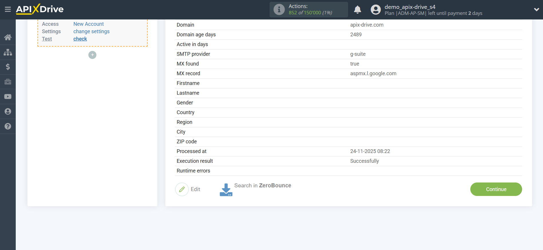 Setting up an ZeroBounce Item Search in Google Sheets | Test data Setting up an ZeroBounce Item Search in Google Sheets | Test data