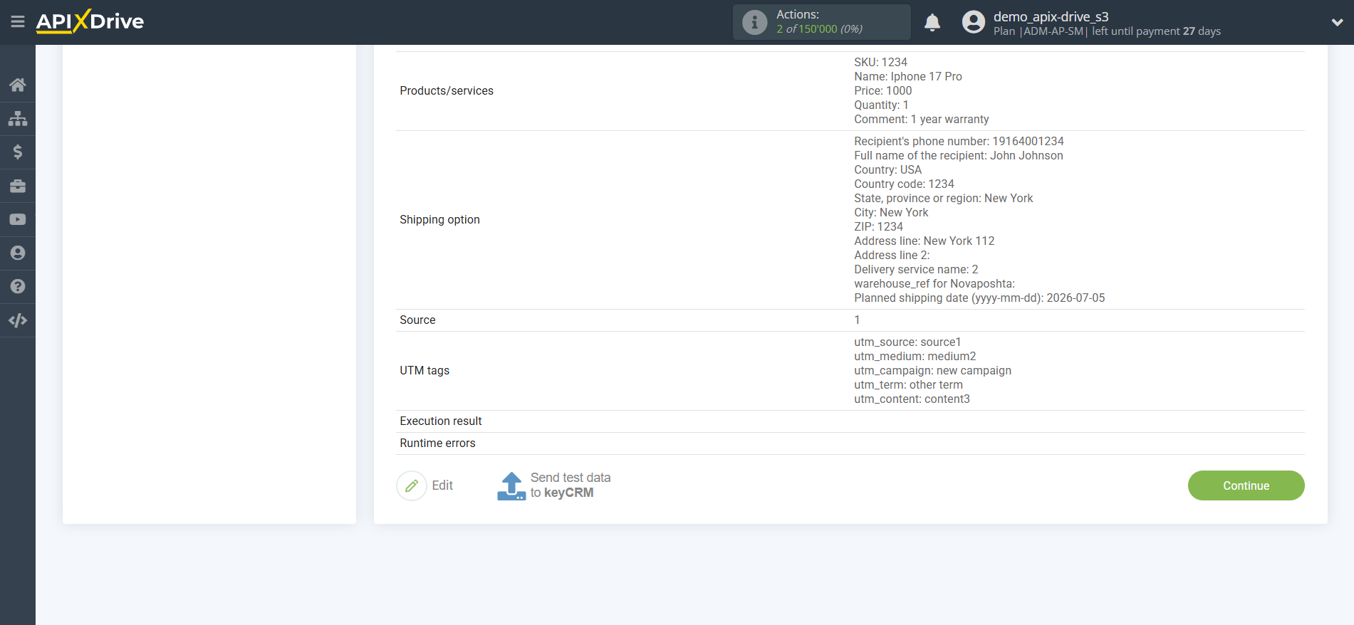 How to Connect KeyCRM as Data Destination | Test data