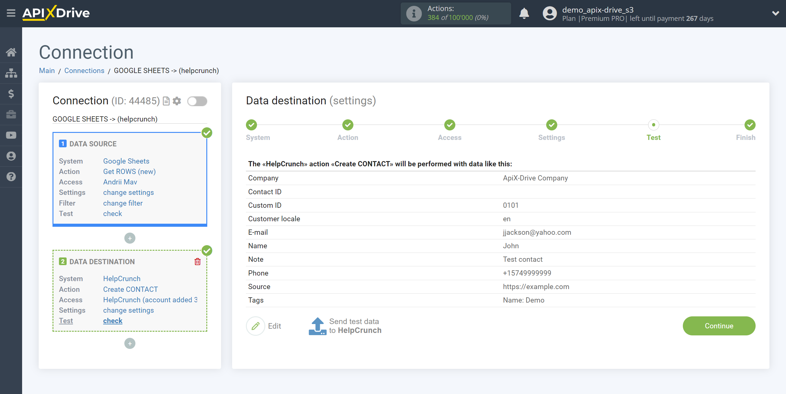 How to Connect HelpCrunch as Data Destination | Test data