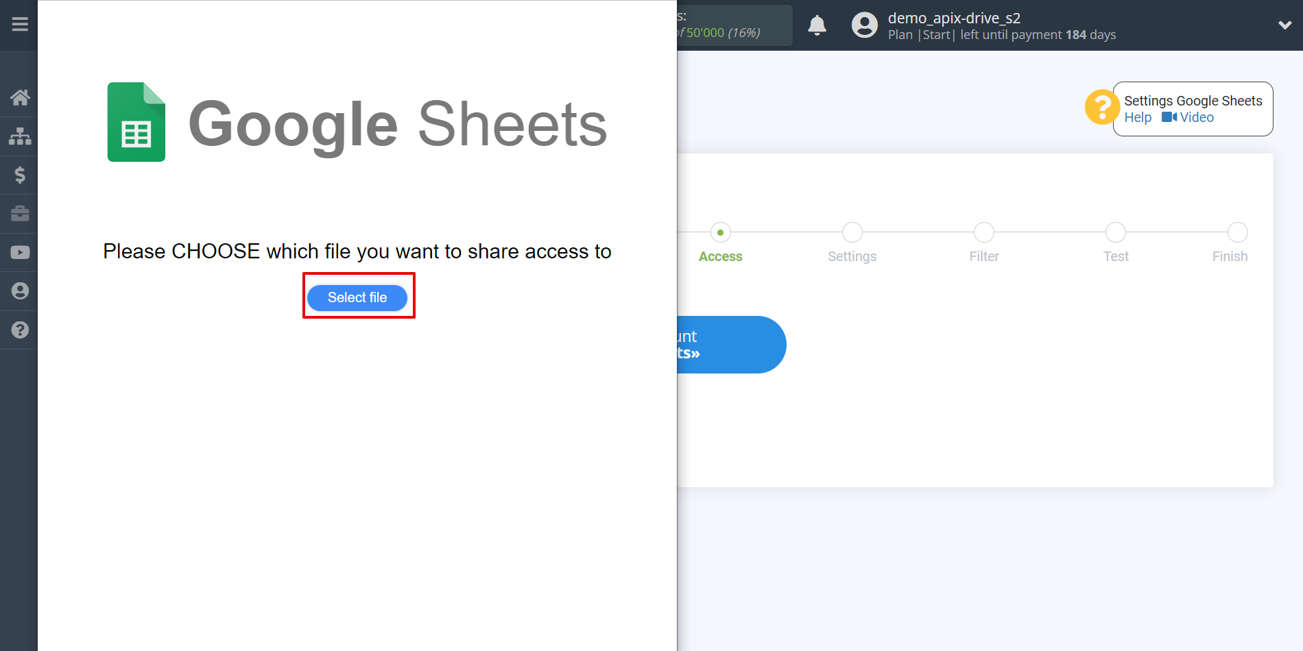 Setting up an Google Sheets to Update rows | Select a Google account to connect