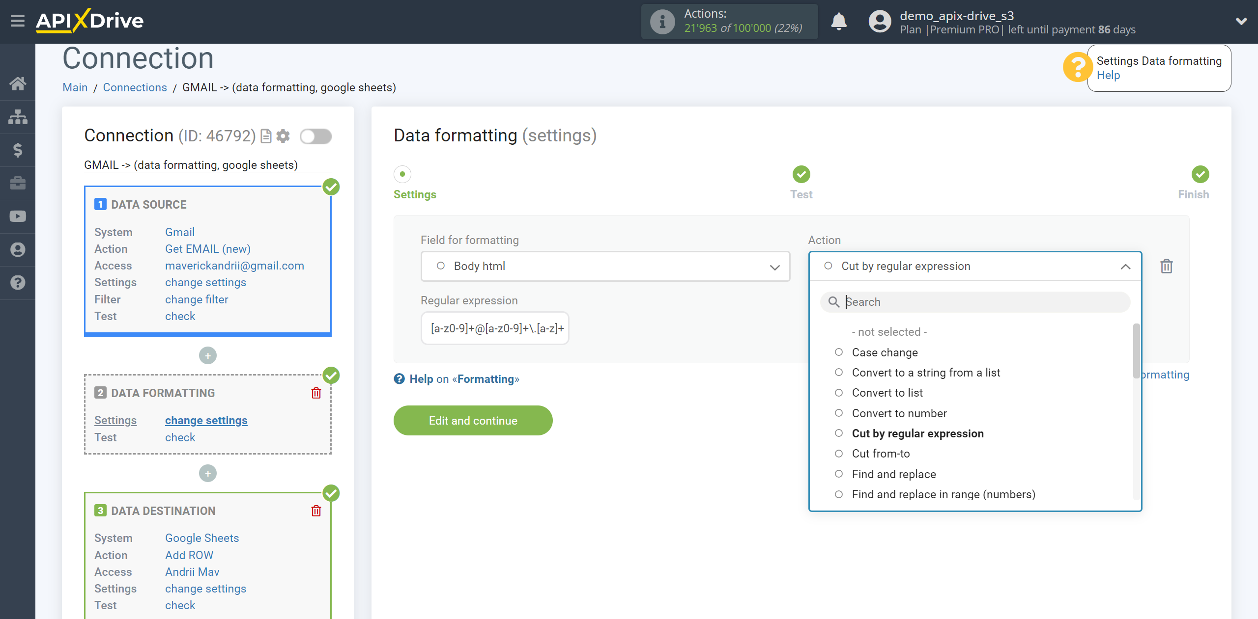 How to setup Data Formatting | Selecting the function Cut by regular expression